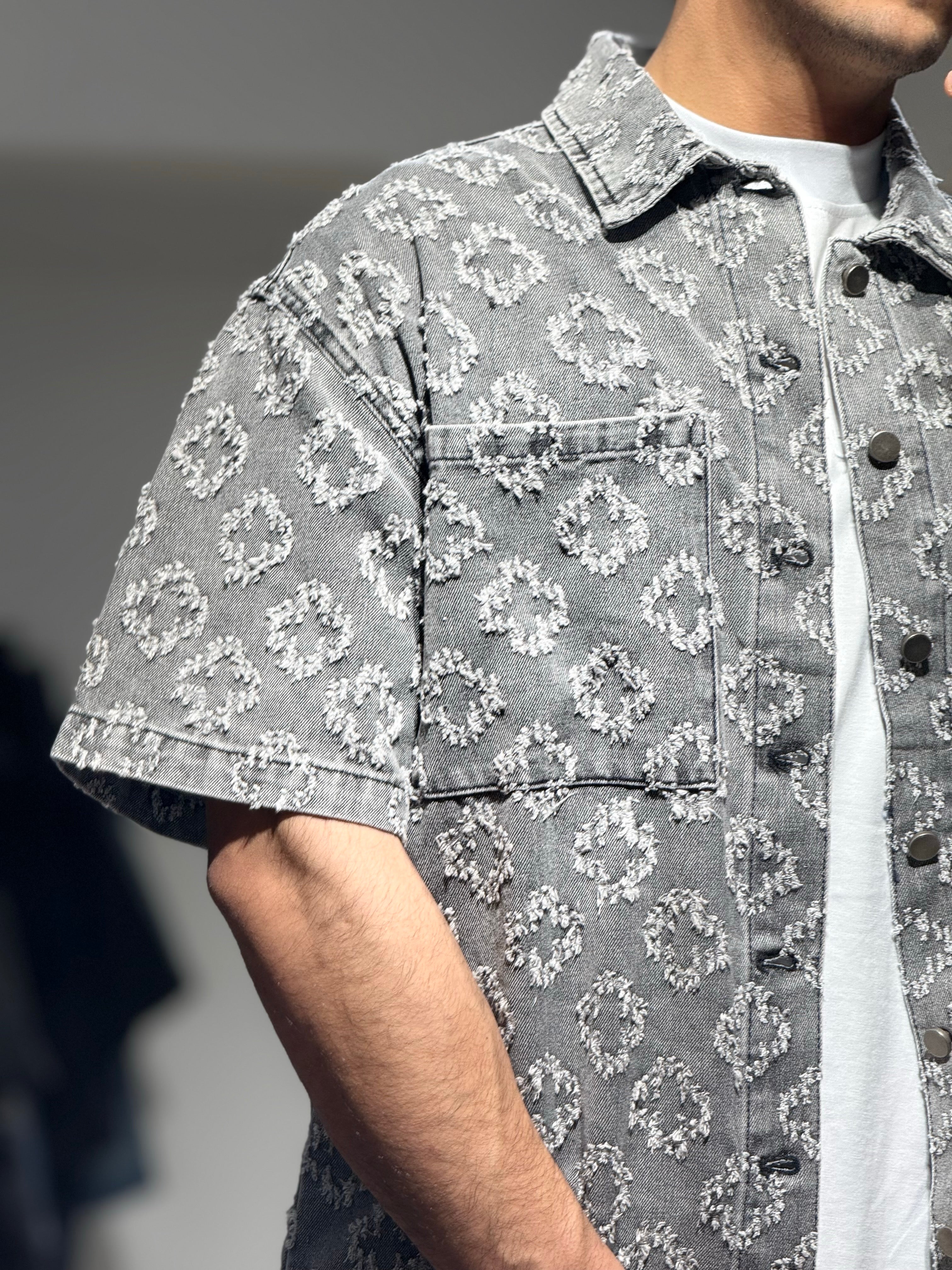 Ensemble Jean short + chemise gris treffle