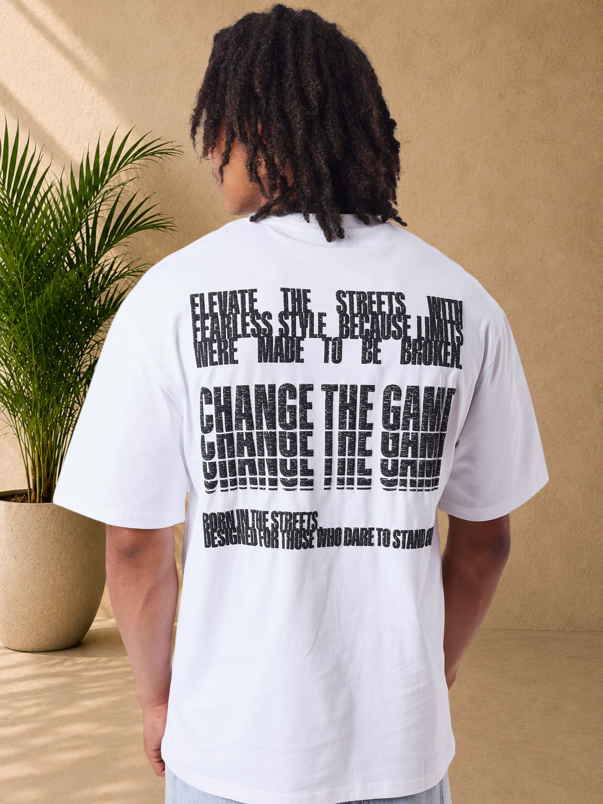 Stayin PXP white cotton t-shirt with black distressed typographic print on the back, regular fit with crew neck