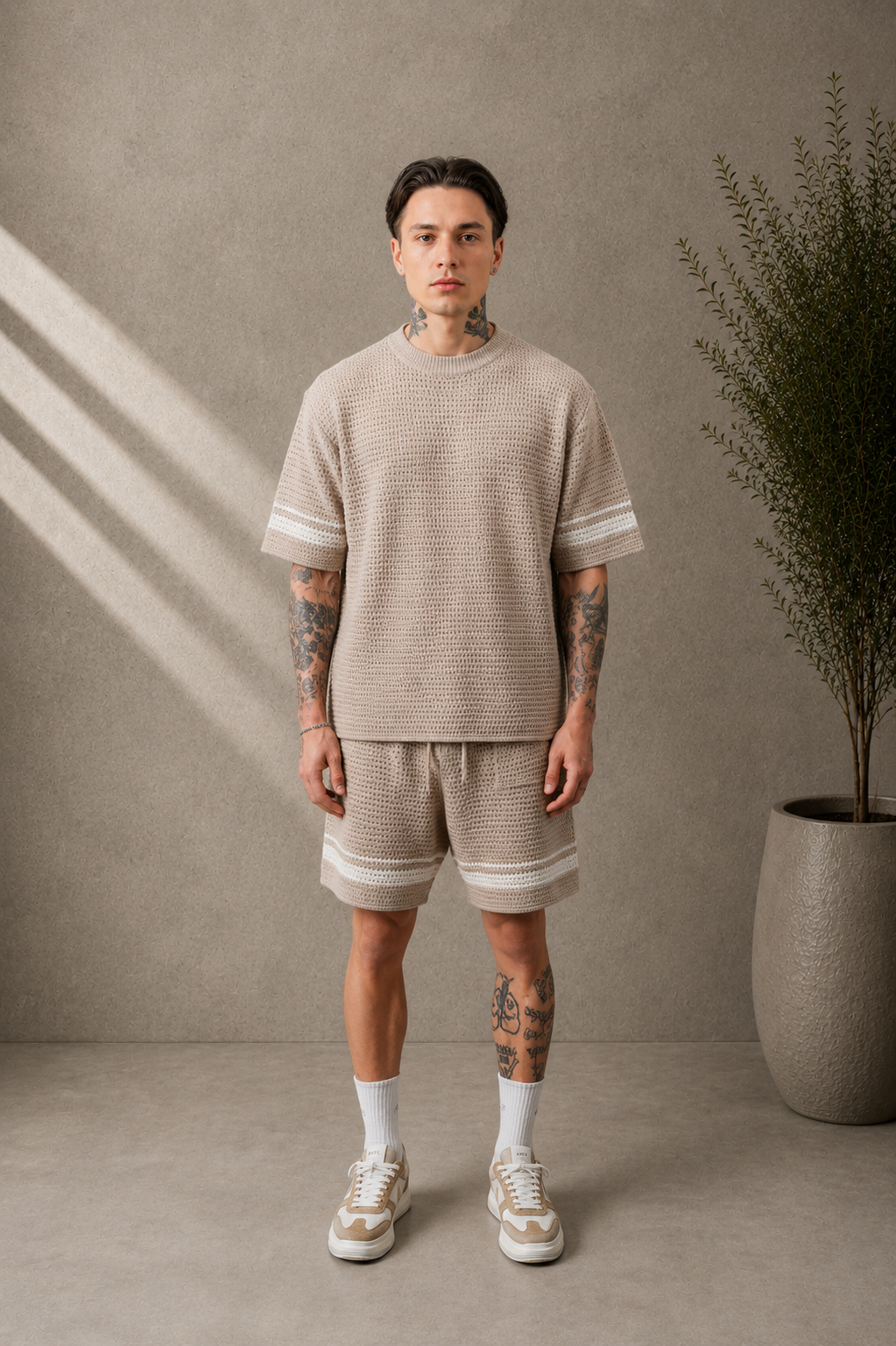 Ensemble short t-shirt maille beige