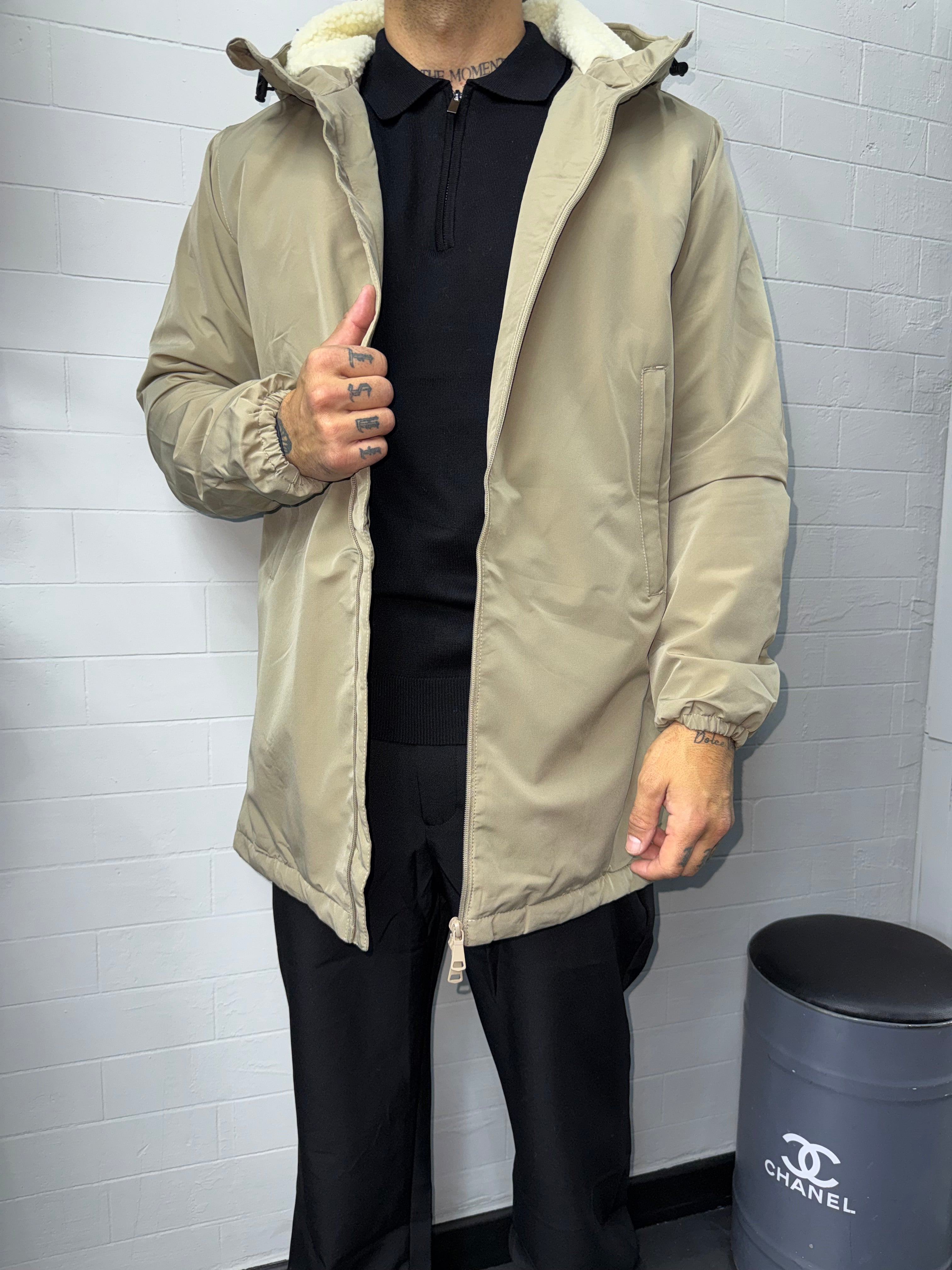 Veste capuche longue beige fourrée