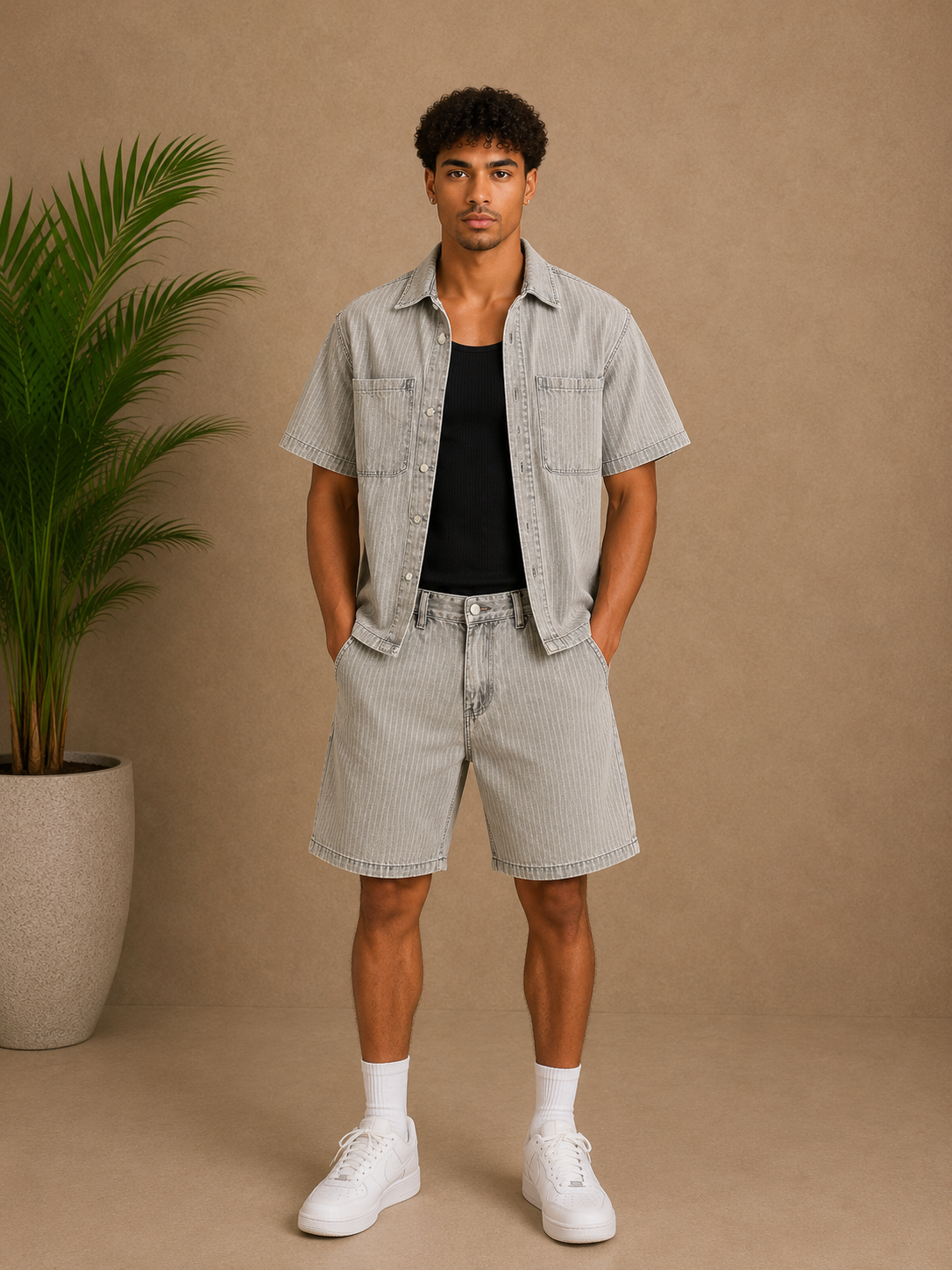 Ensemble short et chemise jean gris rayures