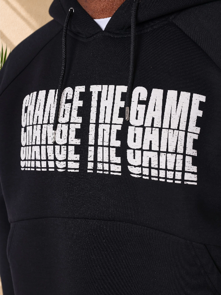 Stayin black regular fit hoodie with white distorted Change The Game text print on chest and drawstring hood