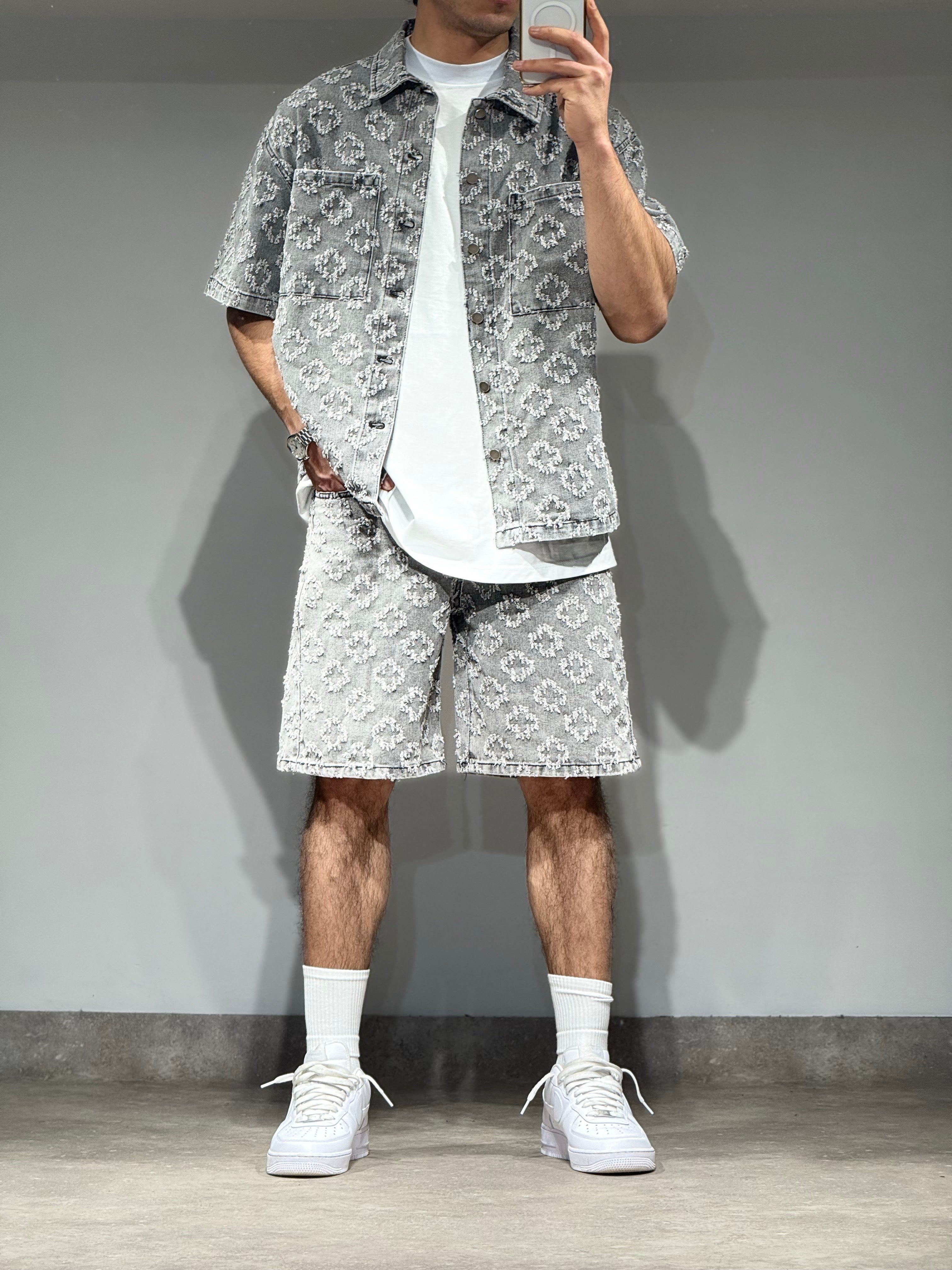 Ensemble Jean short + chemise gris treffle