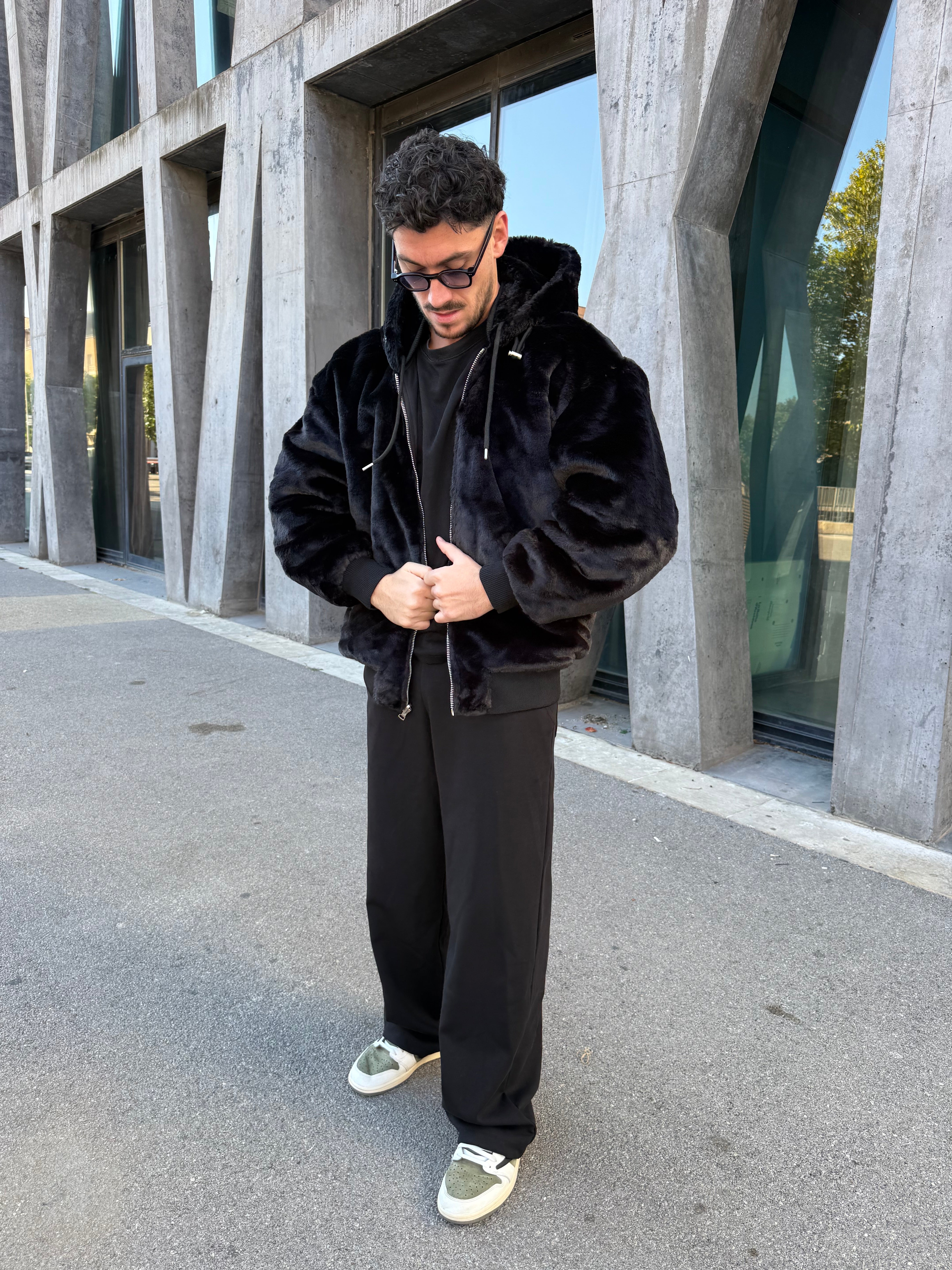 Veste réversible noir nylon / fourrure