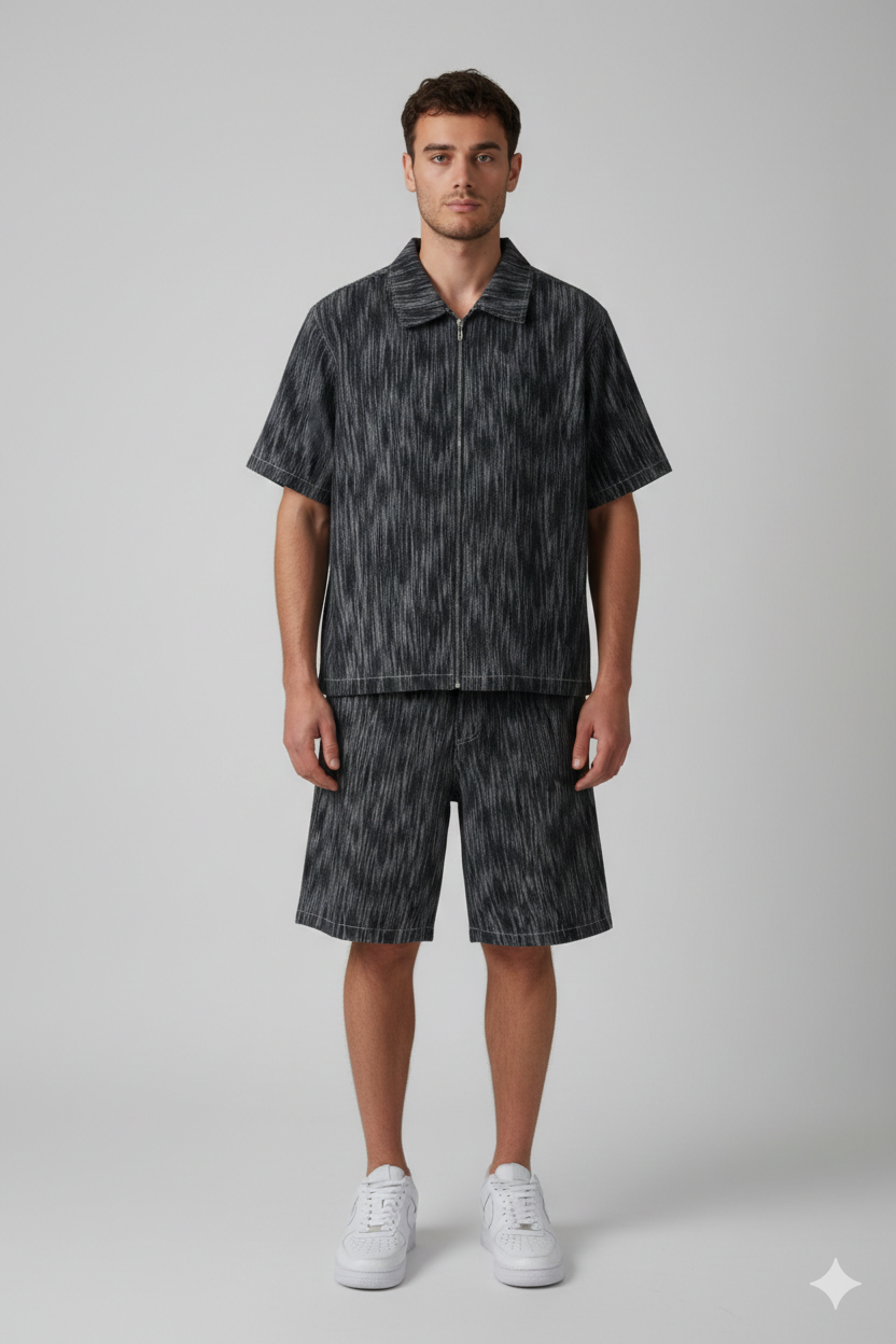 Ensemble short chemise jean gris zip