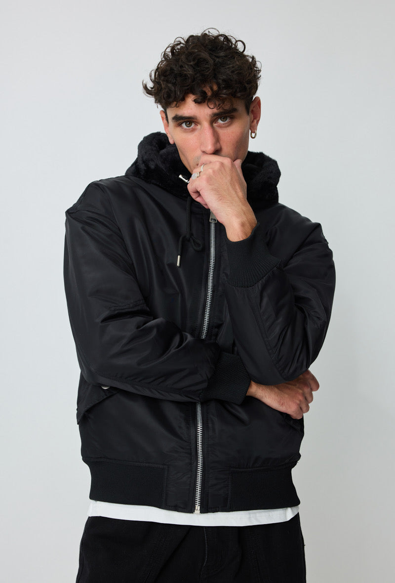 Veste réversible noir nylon / fourrure