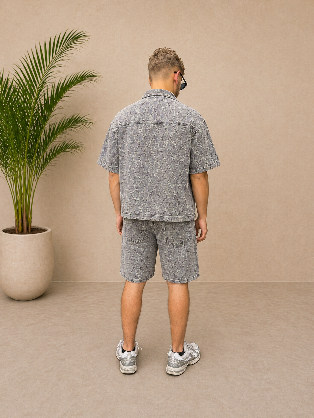 Ensemble short et chemise en jean gris losange