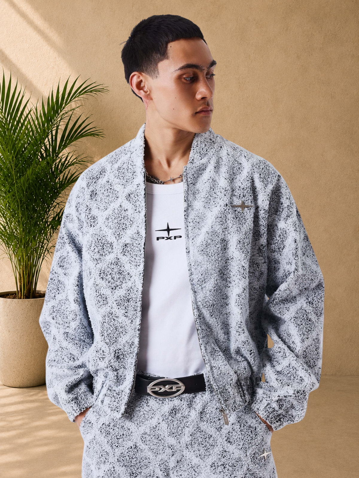 Stayin PXP grey oversized zip-up jacket with mountain check pattern, soft mohair-effect knit, and ribbed cuffs.