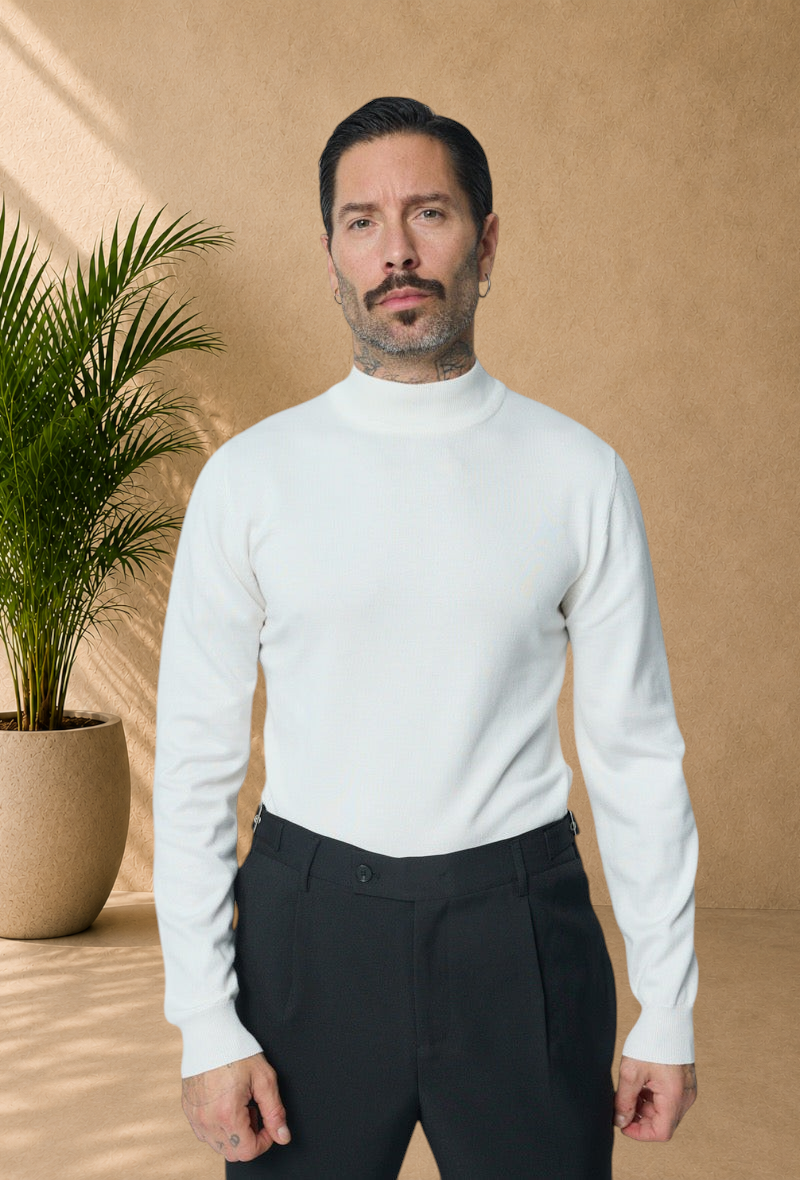 Stayin white slim-fit mock neck sweater worn by a male model on a neutral background