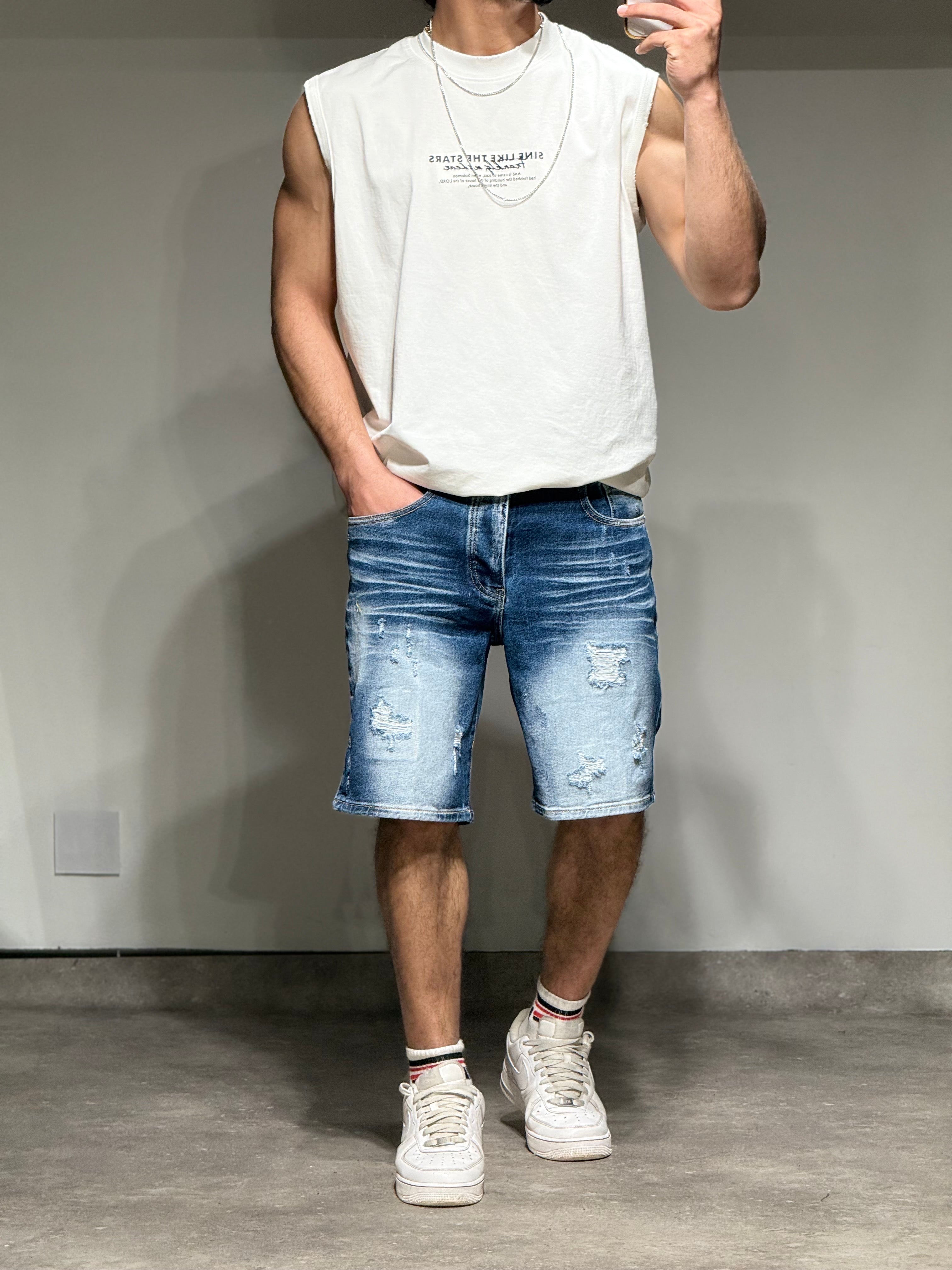 Short en Jean destroy bleu