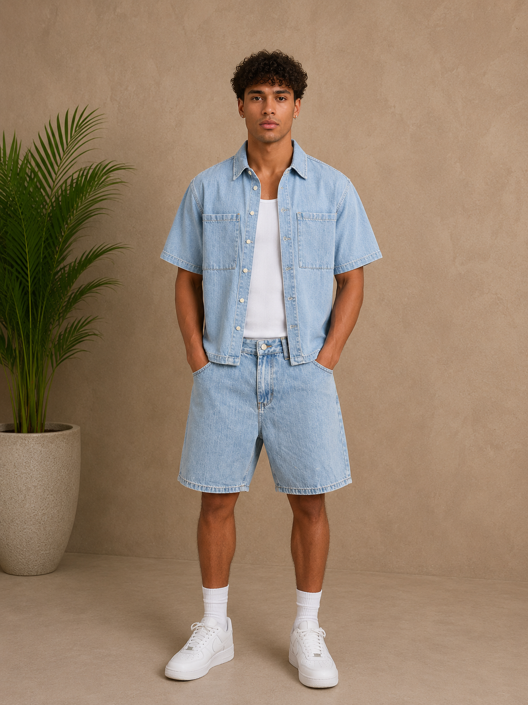 Ensemble short et chemise jean bleu rayures