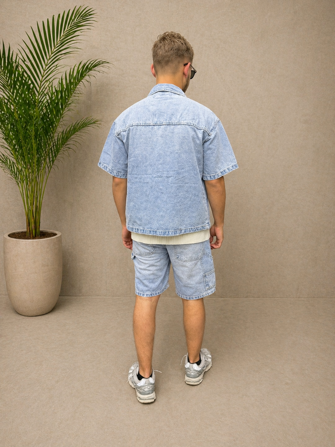 Ensemble short et chemise en jean bleu ciel