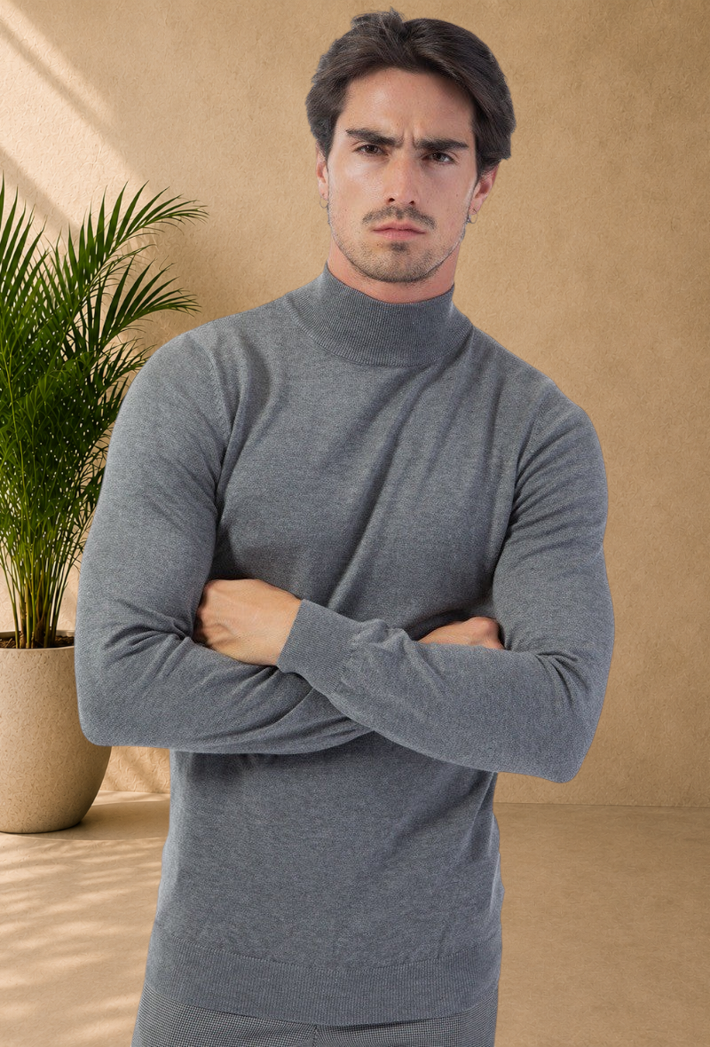 Stayin grey slim-fit mock neck sweater worn by a male model with arms crossed