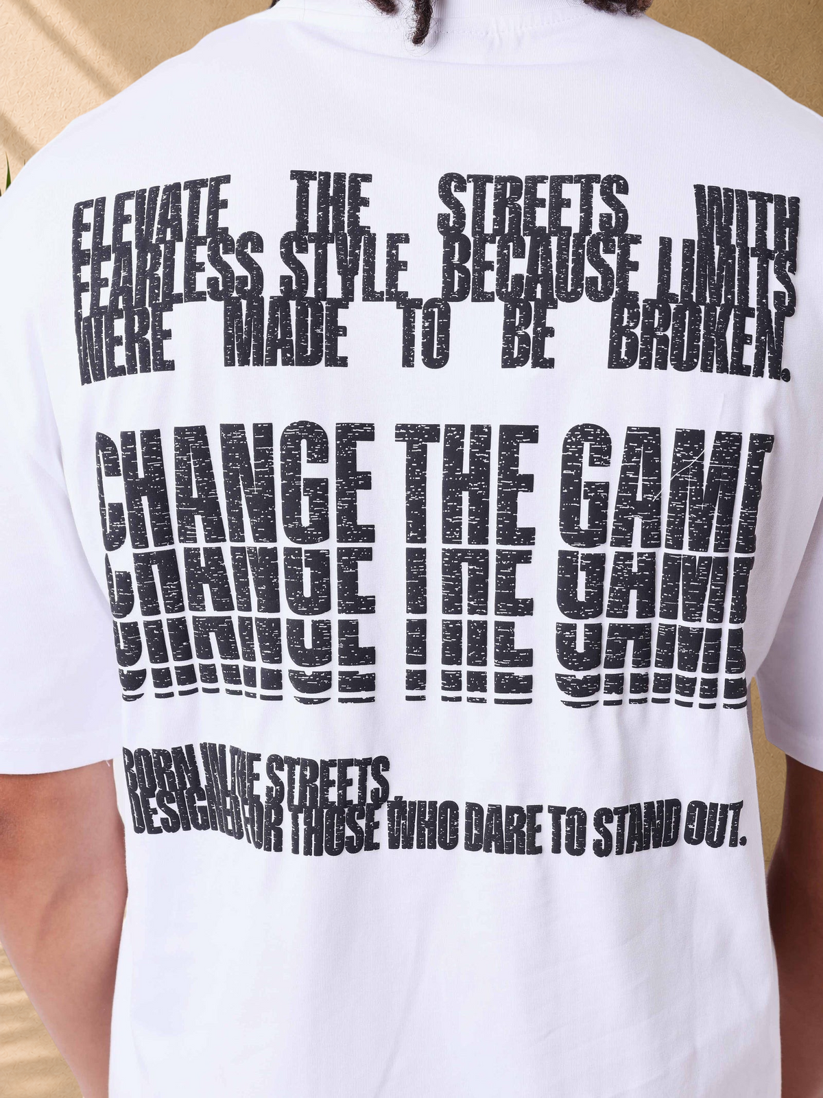 Stayin PXP white cotton t-shirt with distressed black typographic print on the back