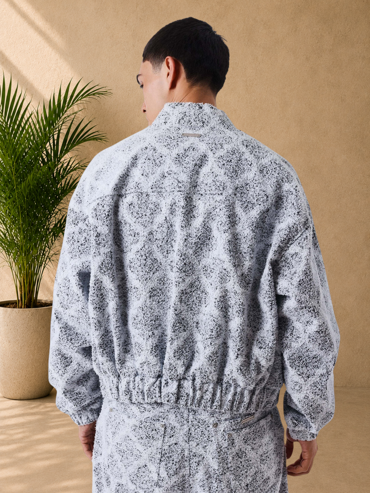 Stayin PXP grey oversized zip-up jacket with mountain check pattern and mohair-effect knit, back view