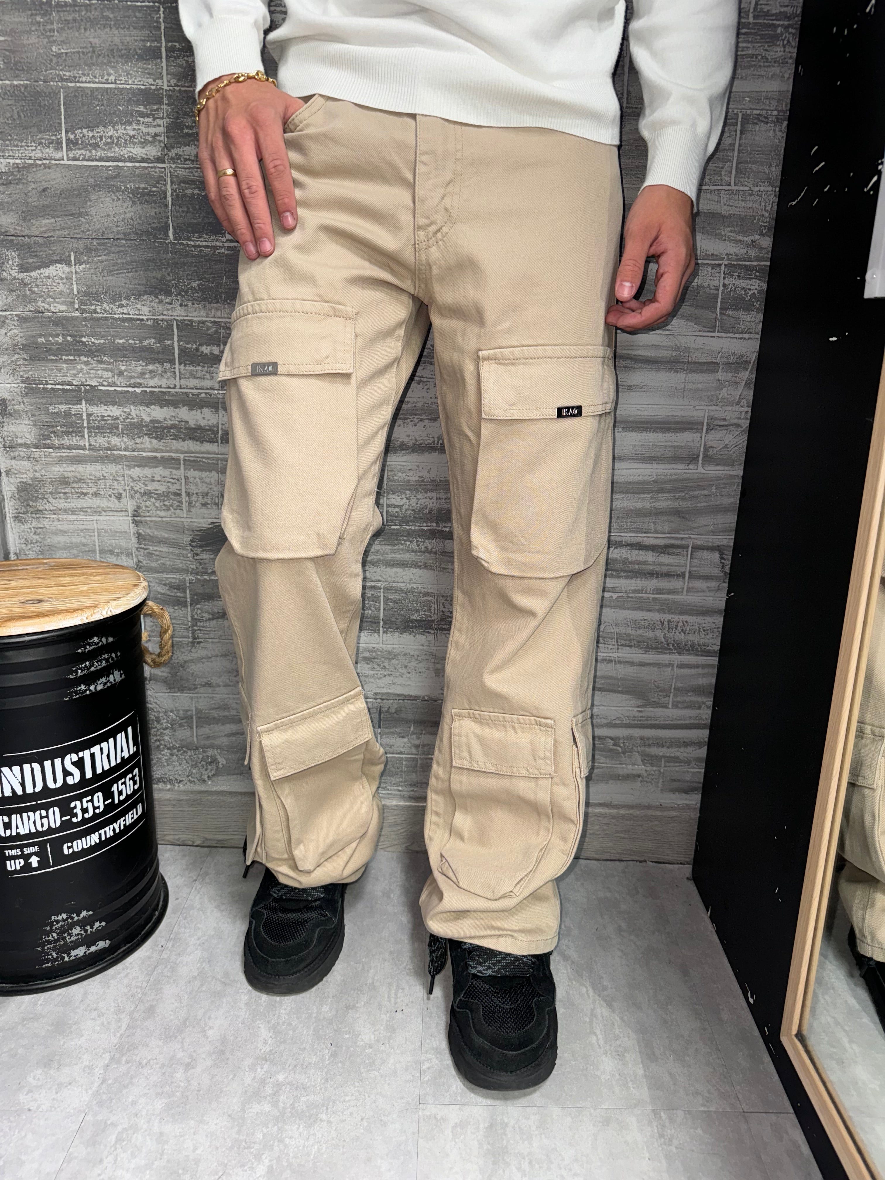 Jean baggy multipoches beige