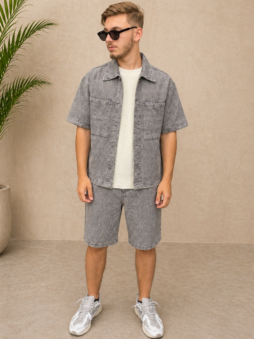 Ensemble short et chemise en jean gris losange