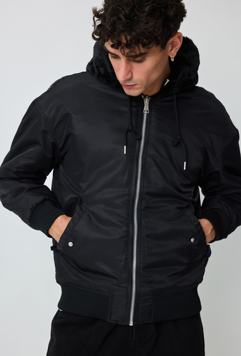 Veste réversible noir nylon / fourrure