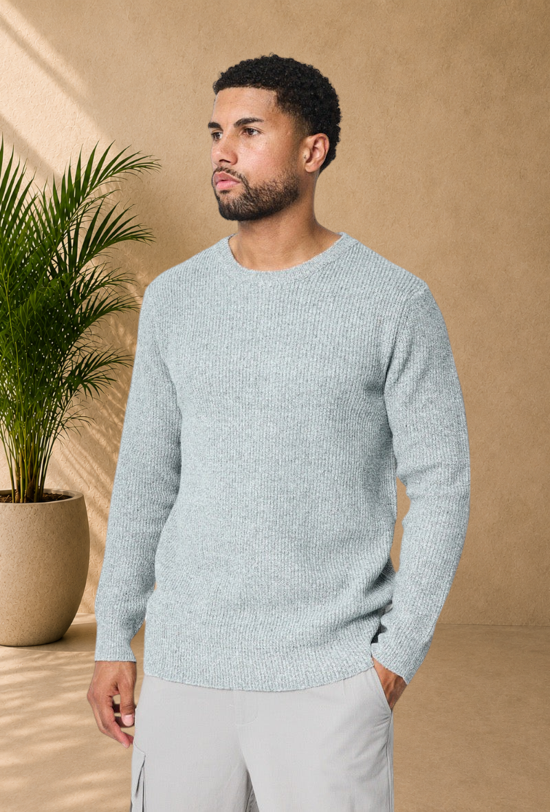 Stayin grey ribbed knit sweater with a crew neck worn by a model on a white background