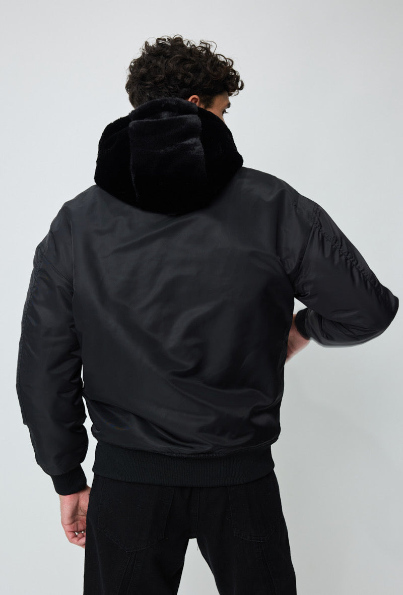 Veste réversible noir nylon / fourrure