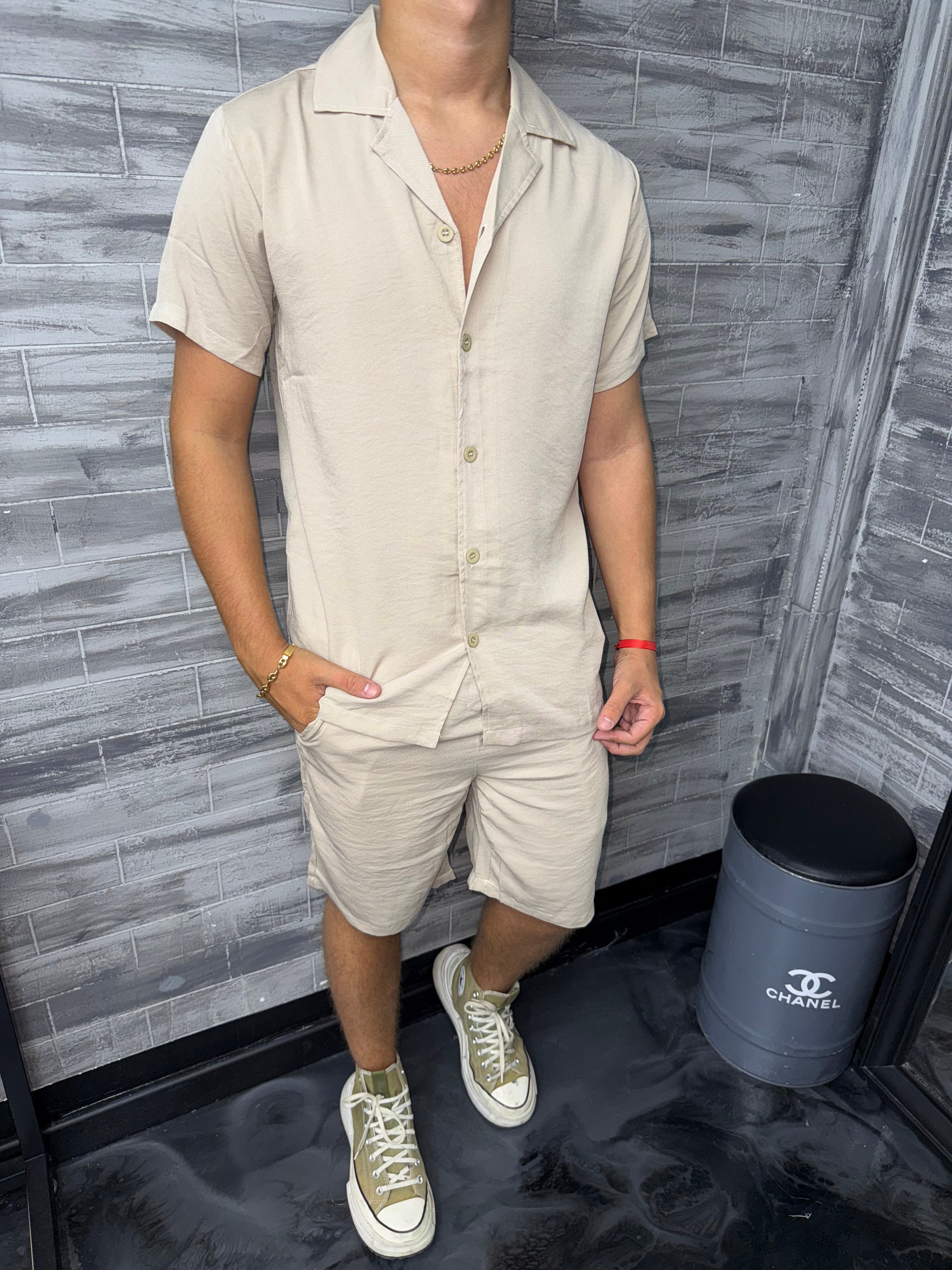 Ensemble Ibiza short + chemise beige