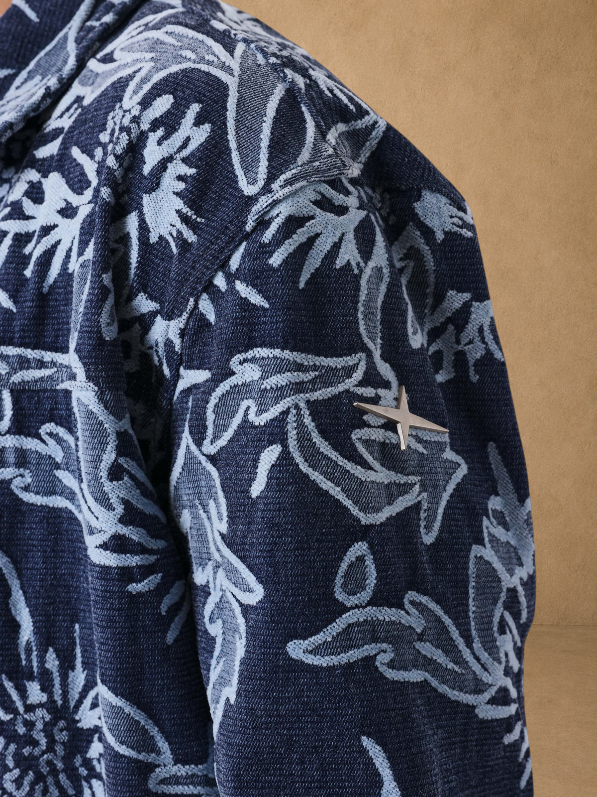 Stayin PXP floral denim jacket in dark blue cotton with a boxy fit and metallic star logo detail on the sleeve