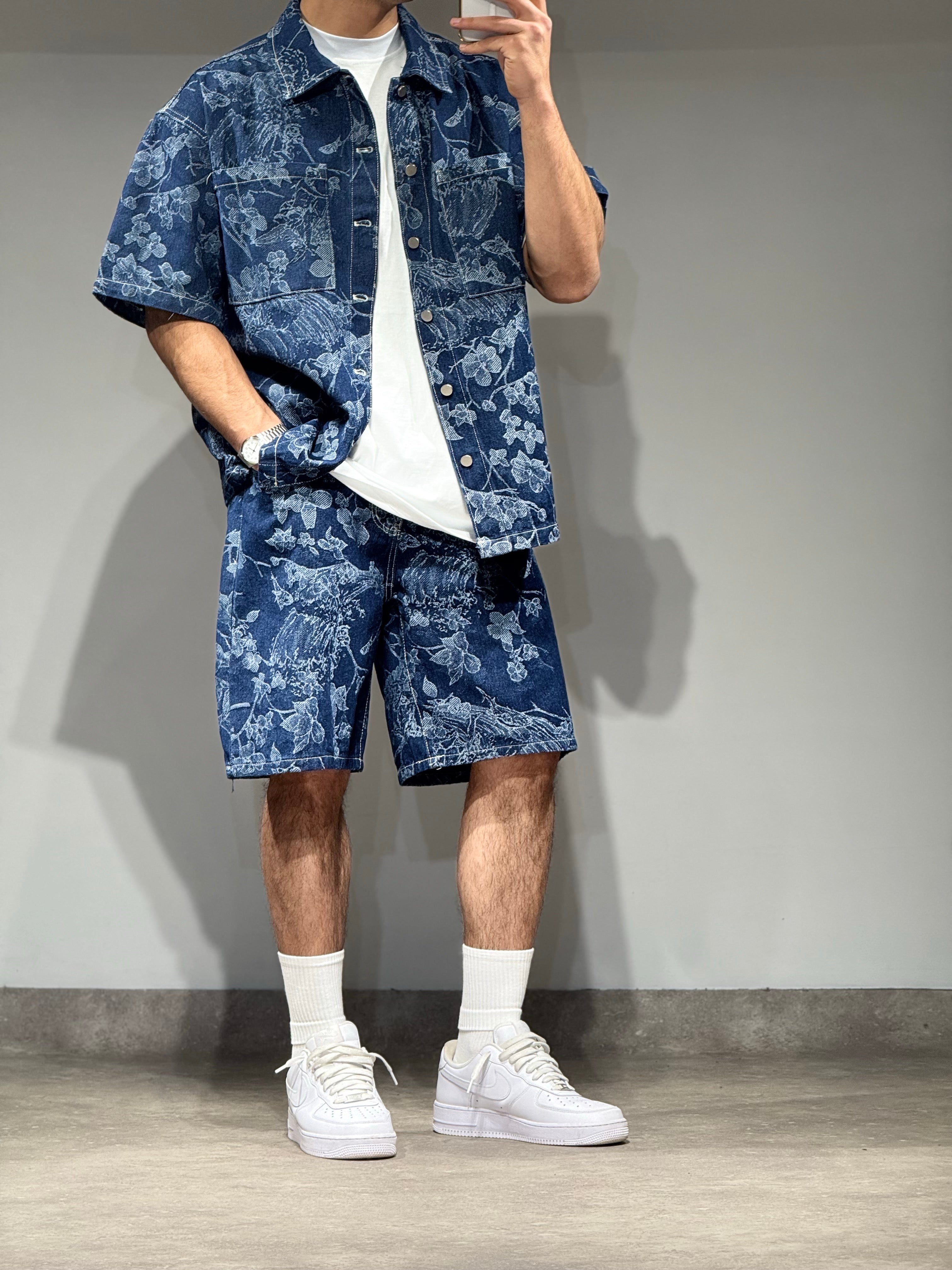 Ensemble Jean short + chemise bleu flower