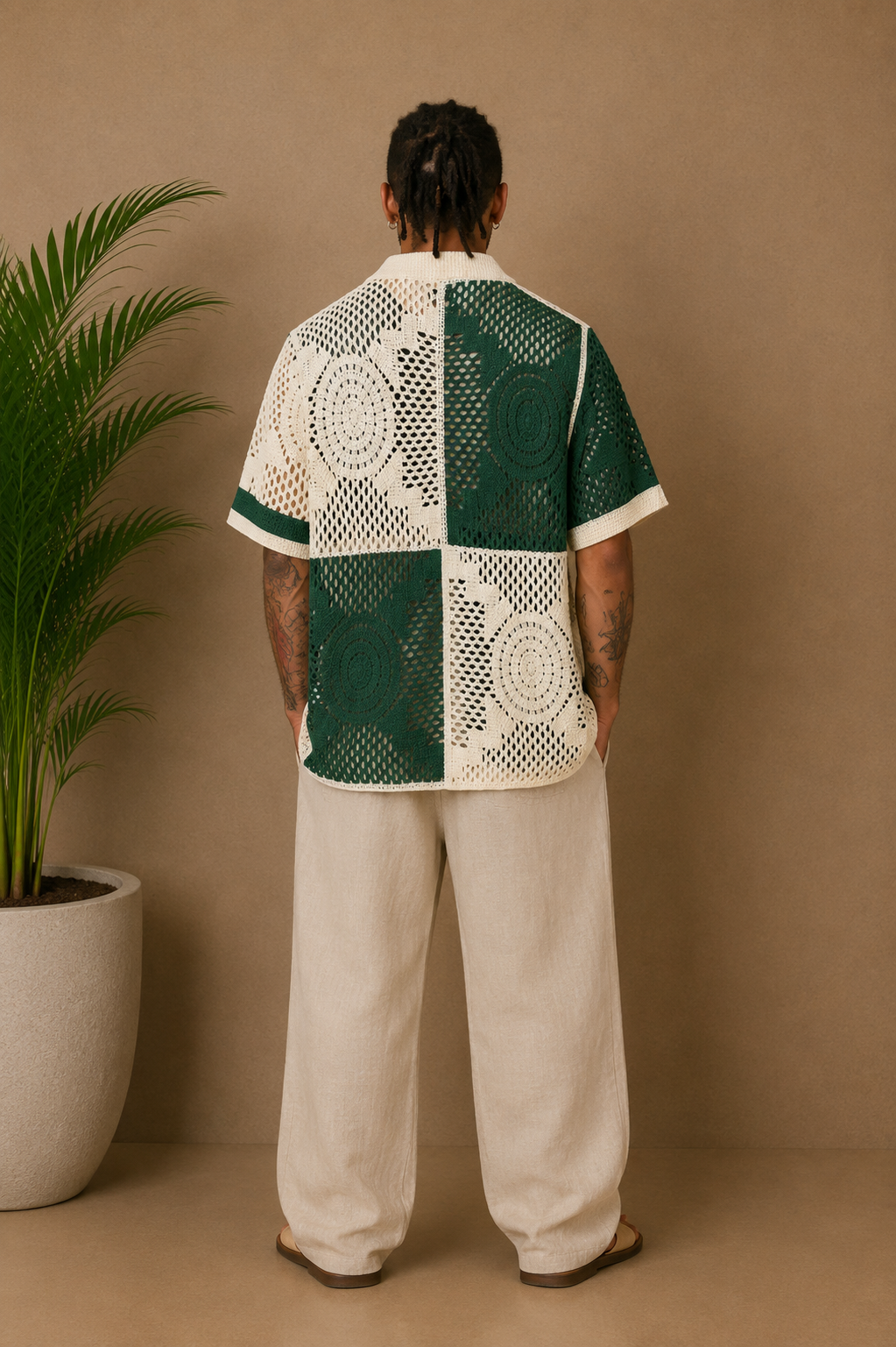 Chemise crochet vert et beige