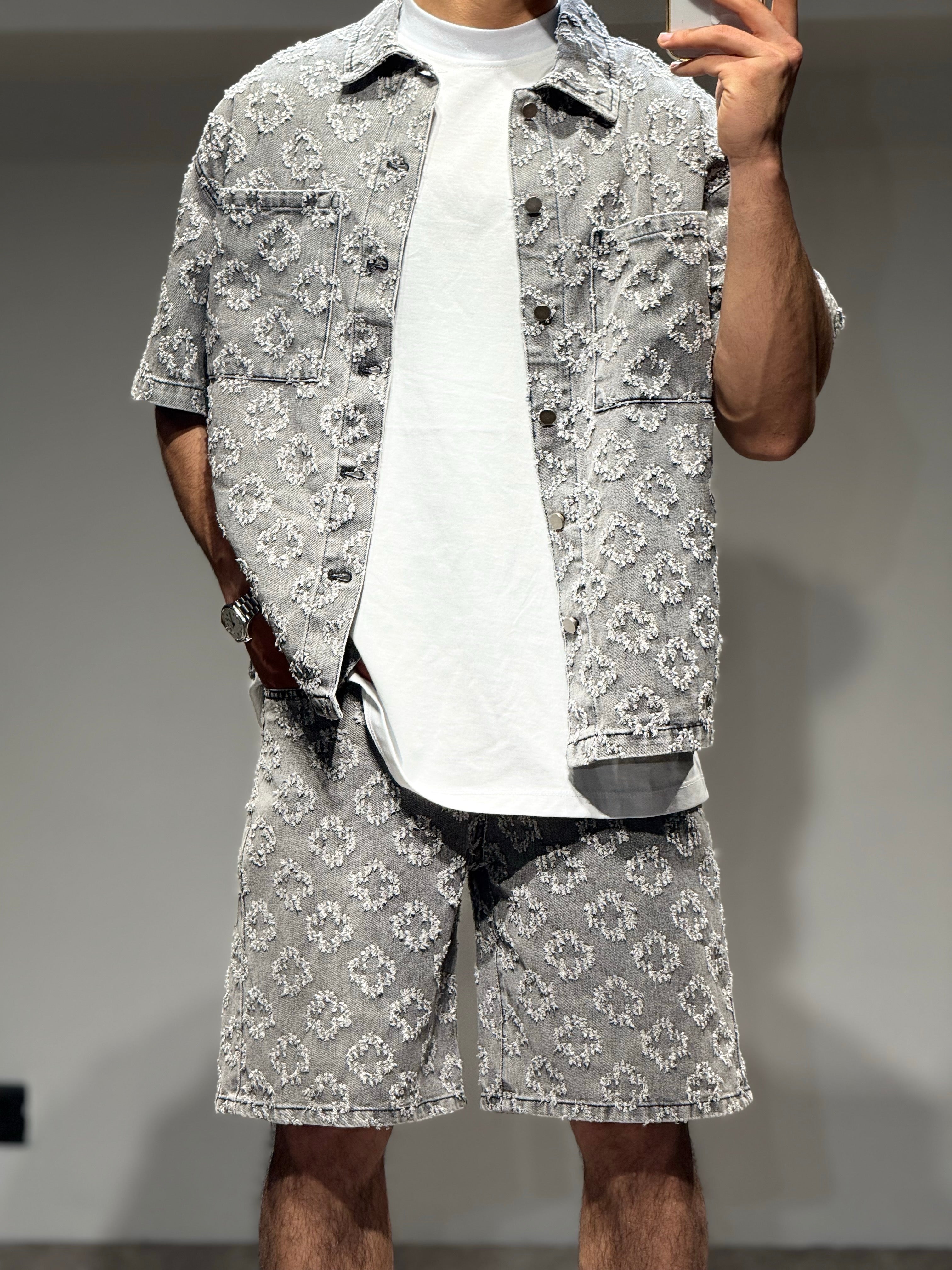 Ensemble Jean short + chemise gris treffle