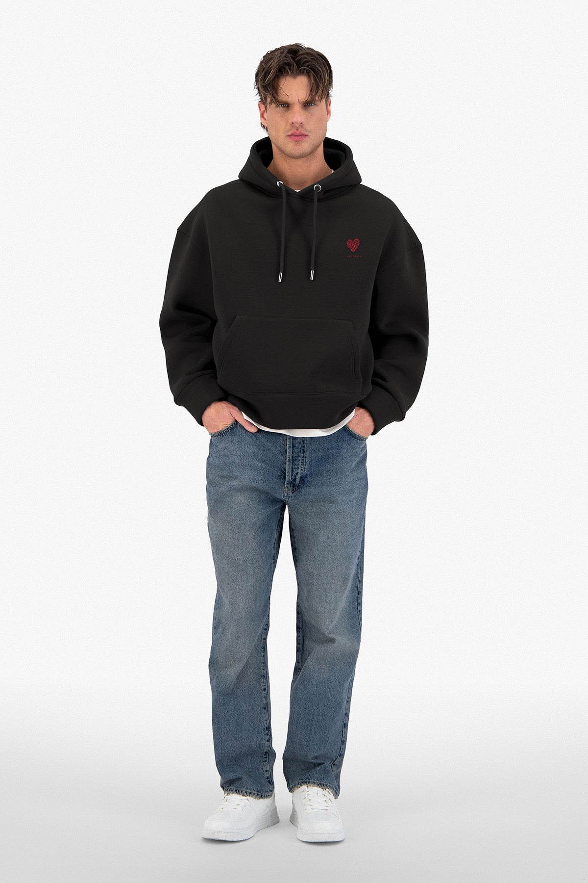 Sweat capuche noir Amore Coeur rouge