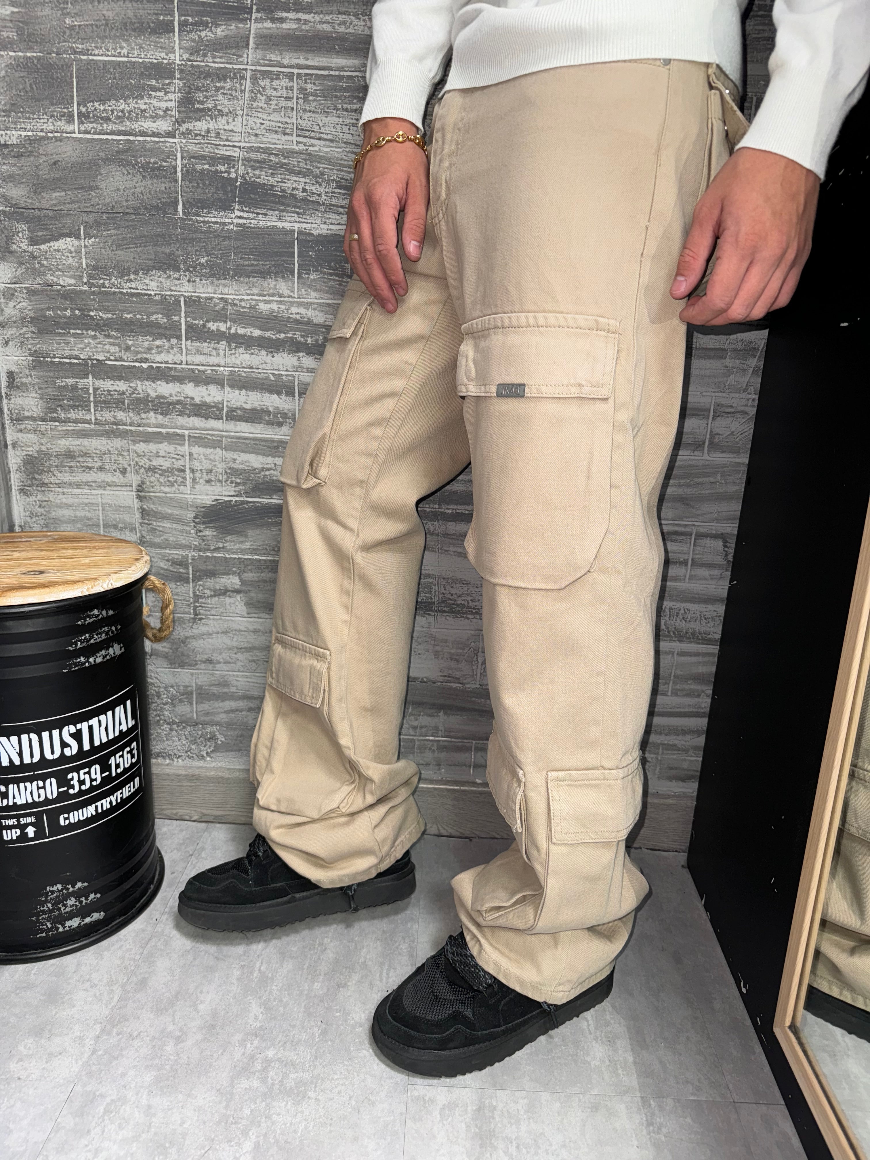 Jean baggy multipoches beige