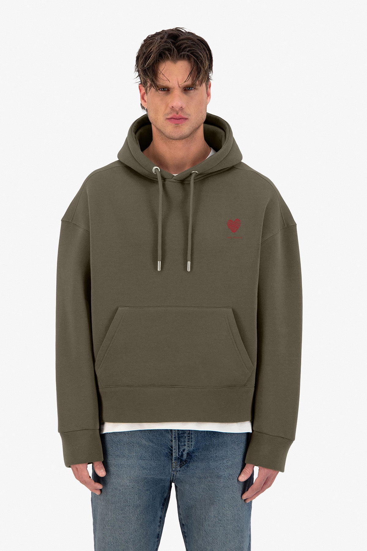 Sweat capuche kaki Amore Coeur rouge