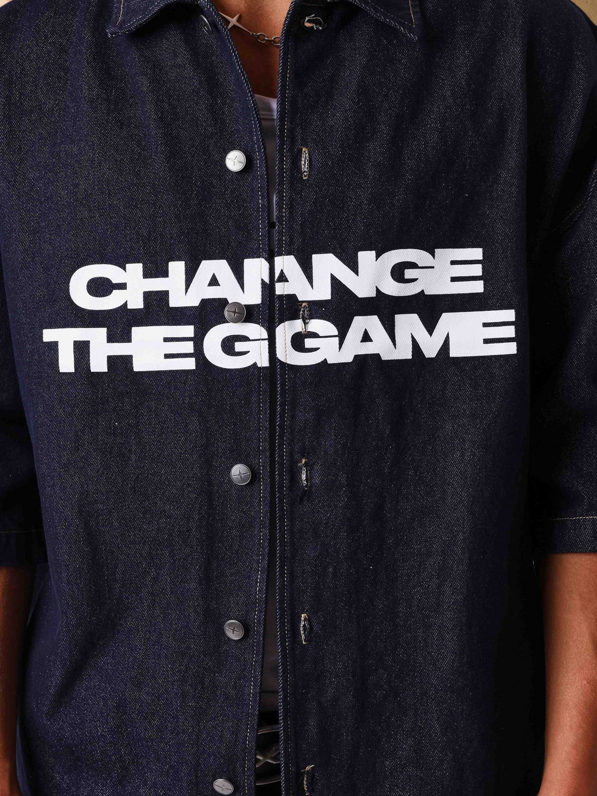 Stayin PXP dark blue denim short-sleeve shirt with white Change The Game graphic print and button-up front