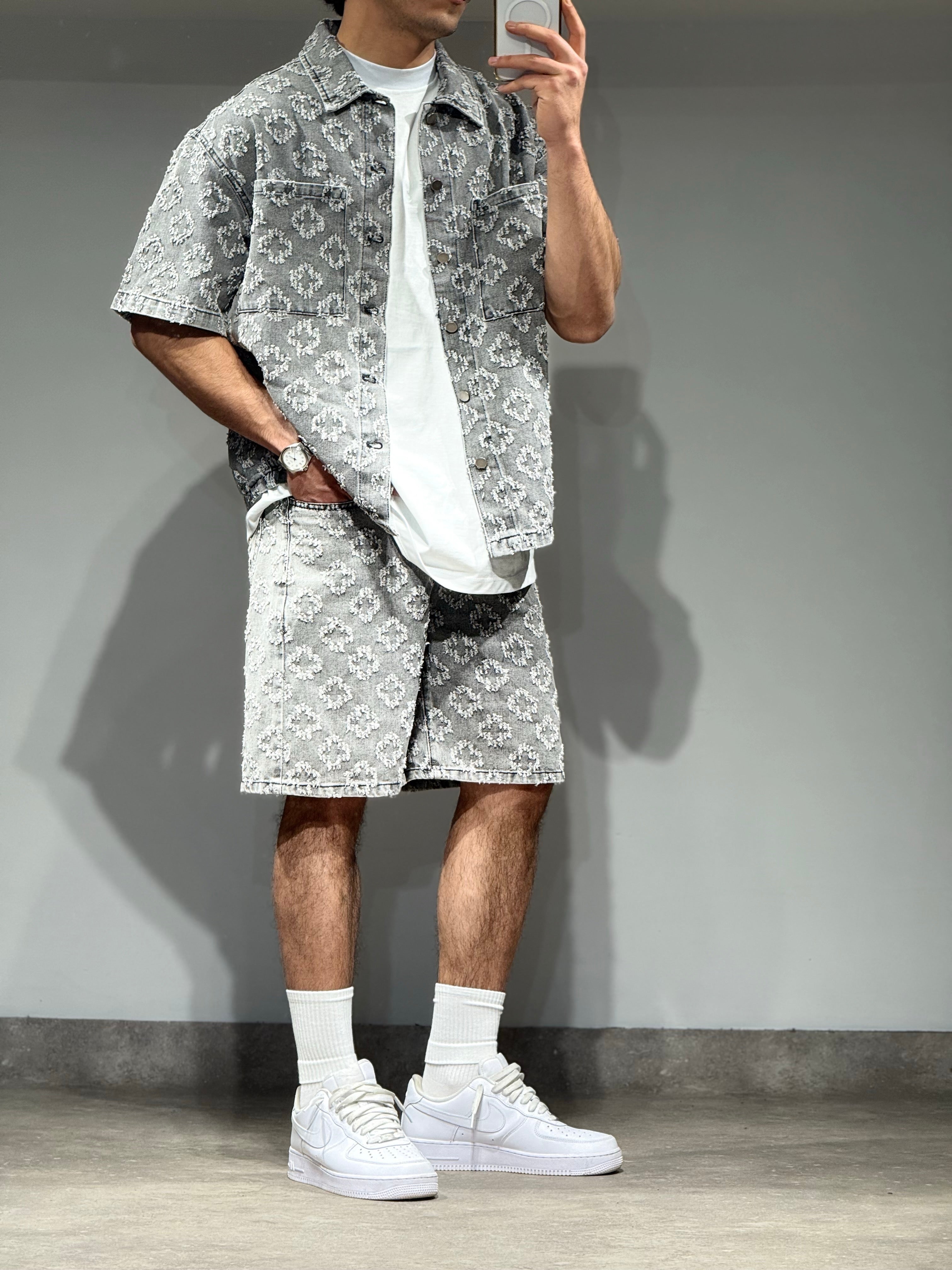 Ensemble Jean short + chemise gris treffle