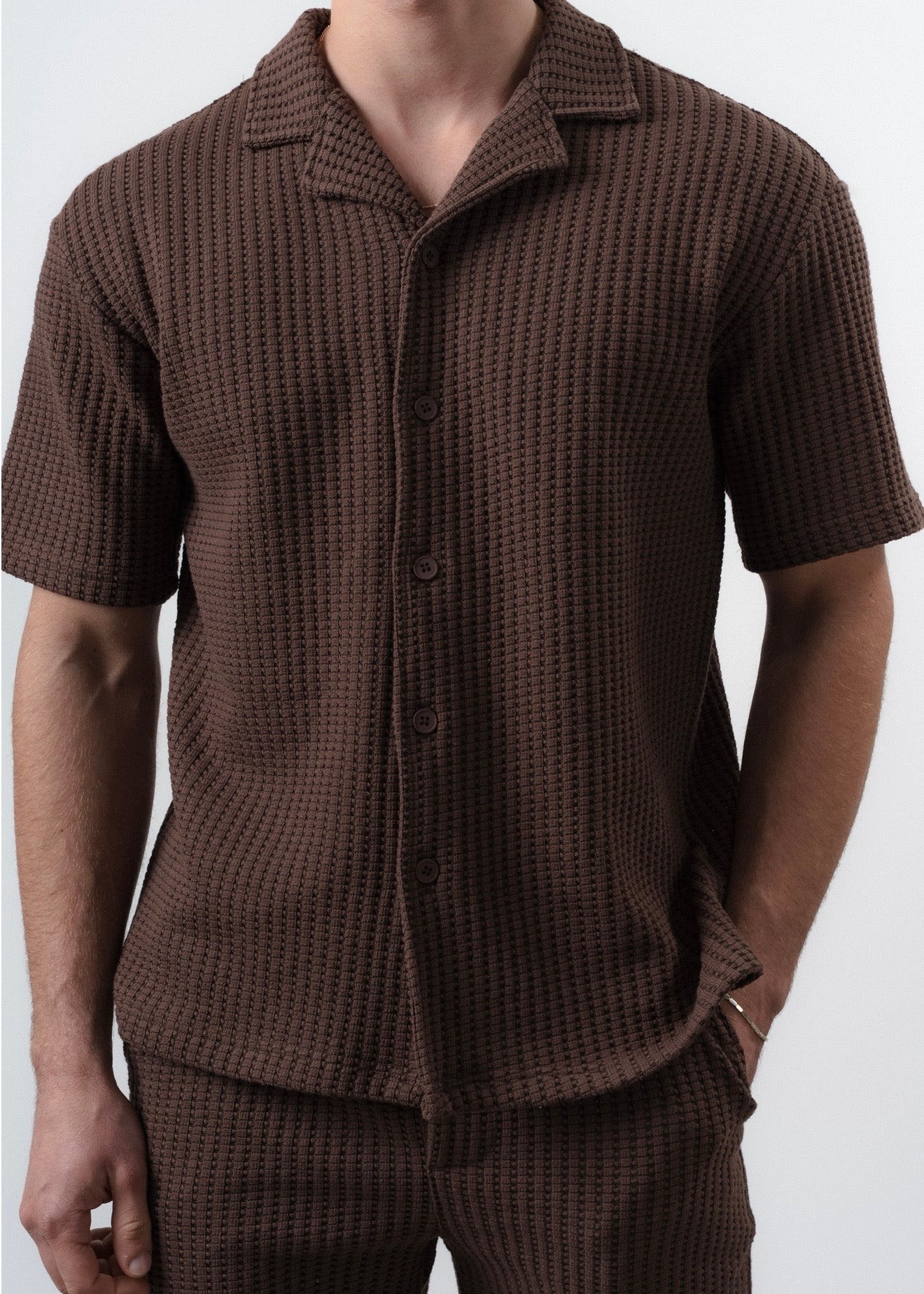Ensemble short chemise maille marron