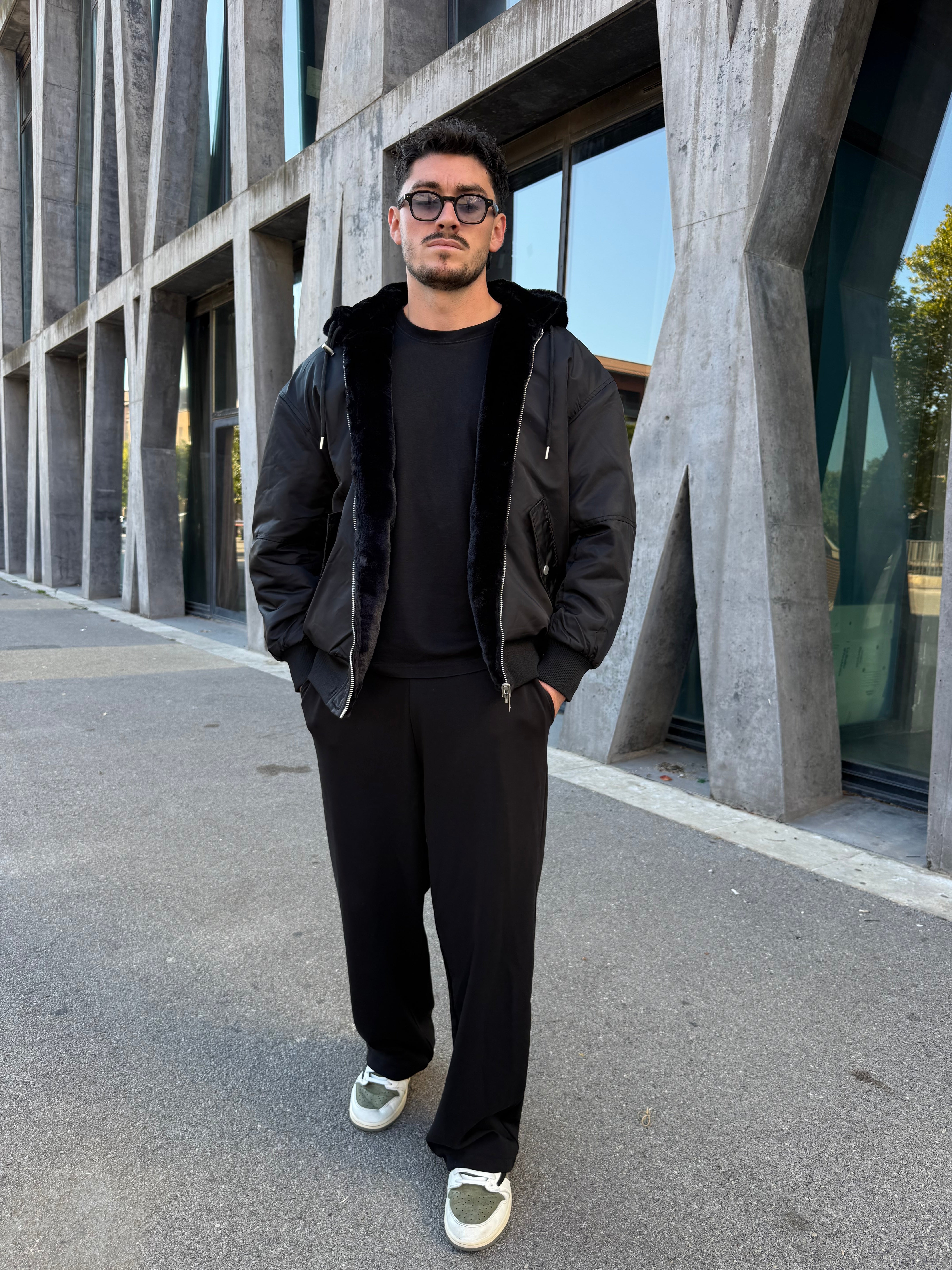 Veste réversible noir nylon / fourrure