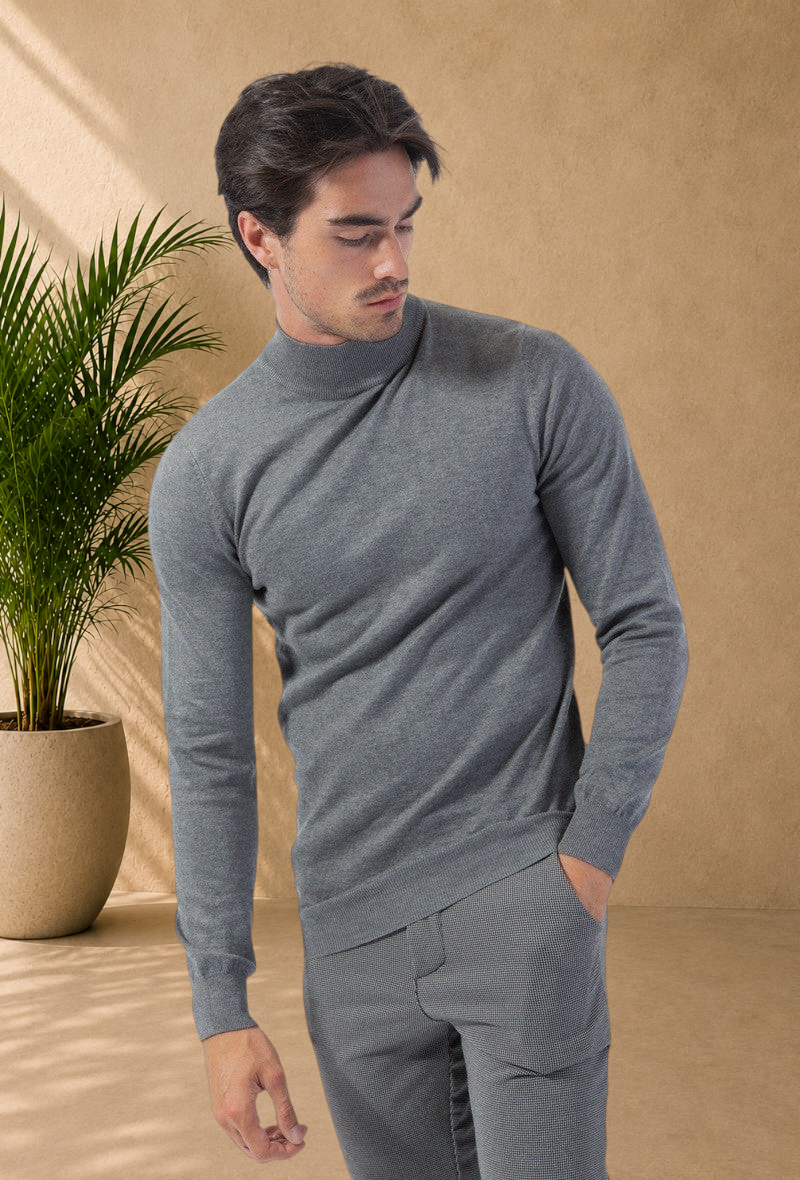 Stayin grey slim-fit mock neck sweater in fine knit fabric worn by a male model against a neutral studio background