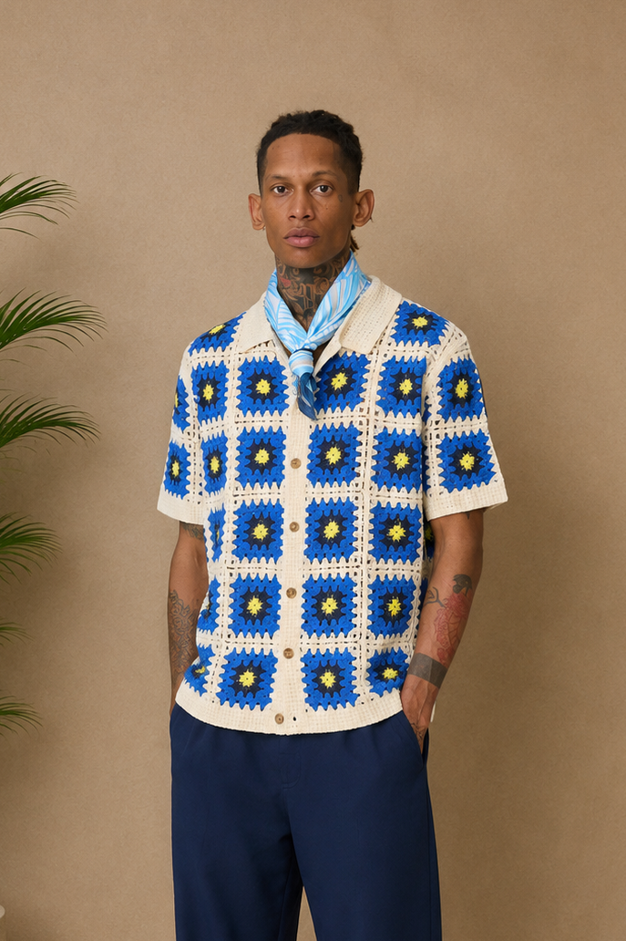 Chemise crochet bleu blanche jaune