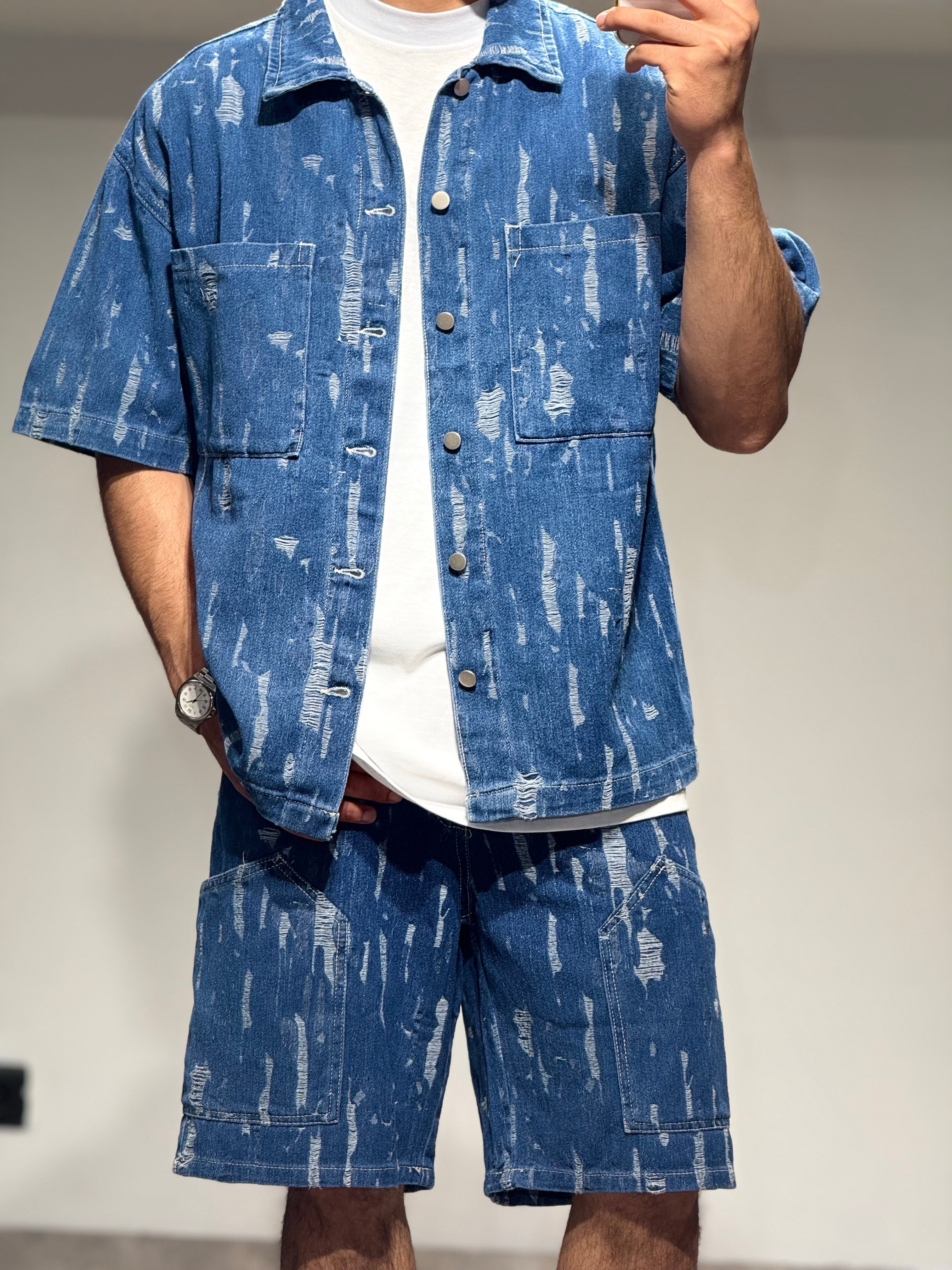 Ensemble Jean short +chemise bleu M5