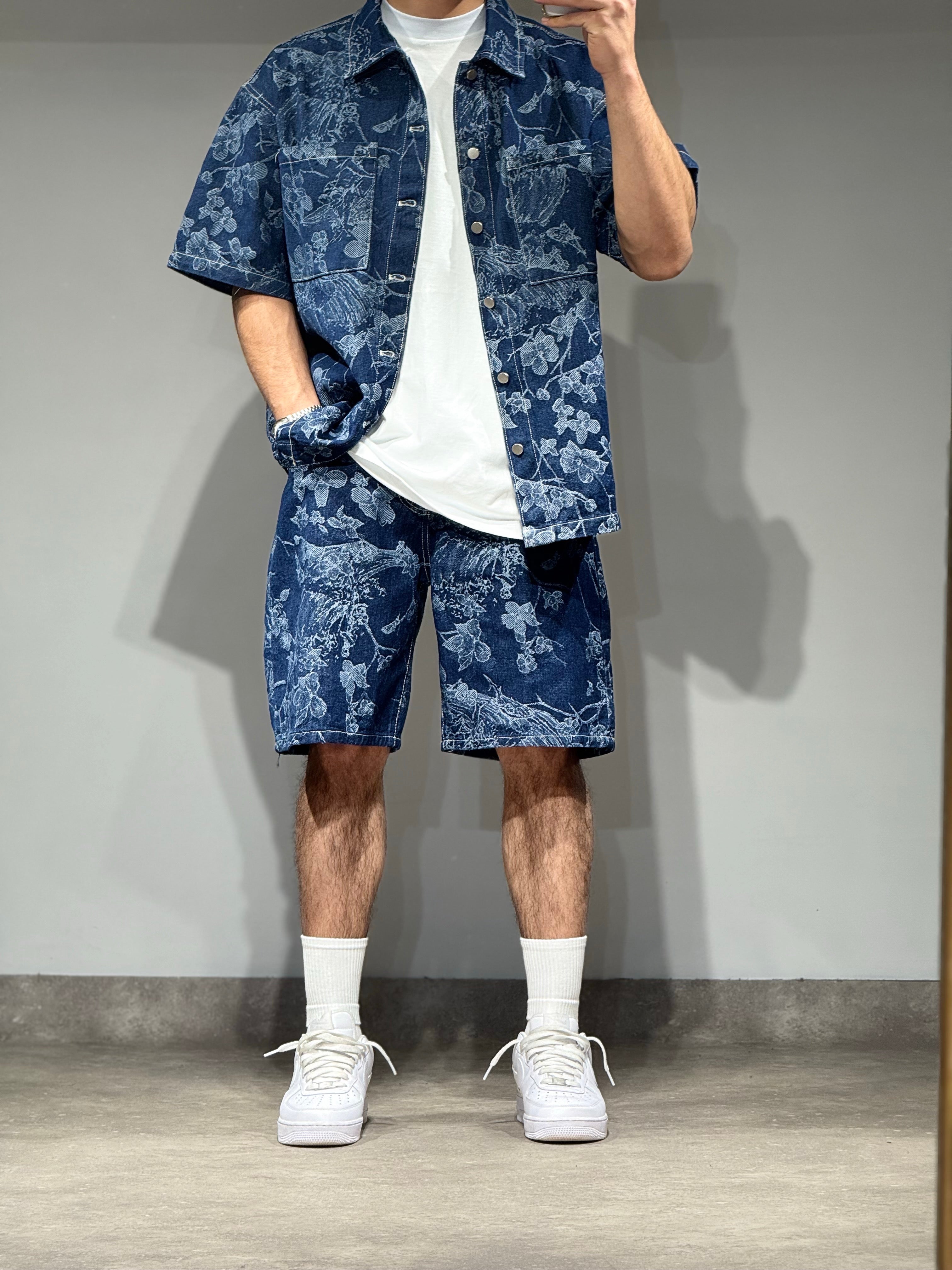 Ensemble Jean short + chemise bleu flower