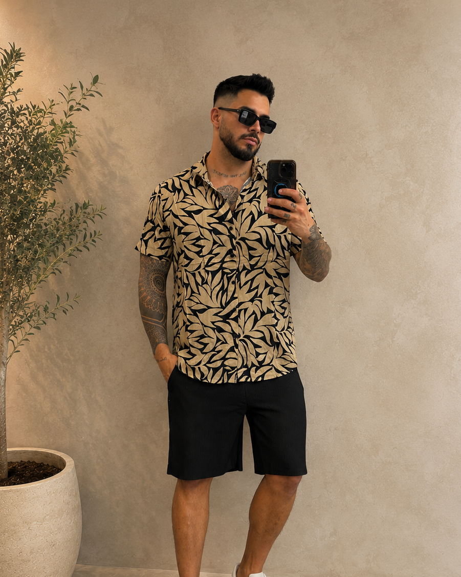 Chemise fluide motif beige noir