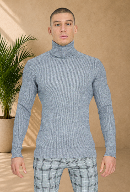 Stayin grey ribbed turtleneck sweater worn by a male model with plaid trousers