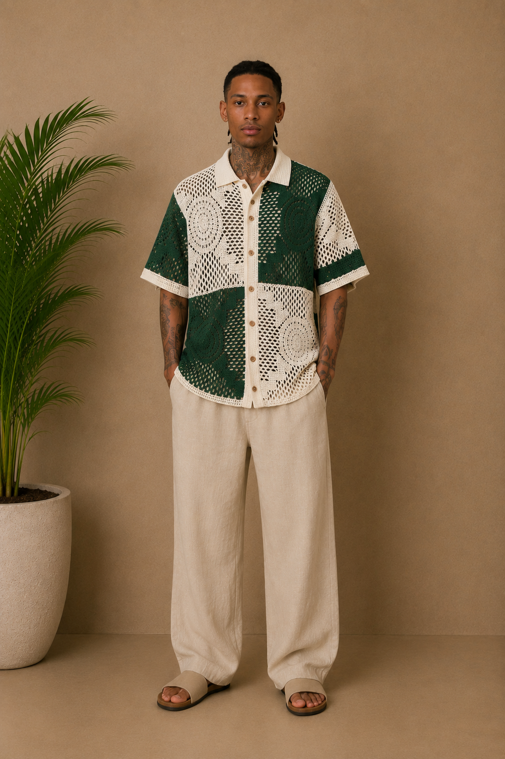 Chemise crochet vert et beige