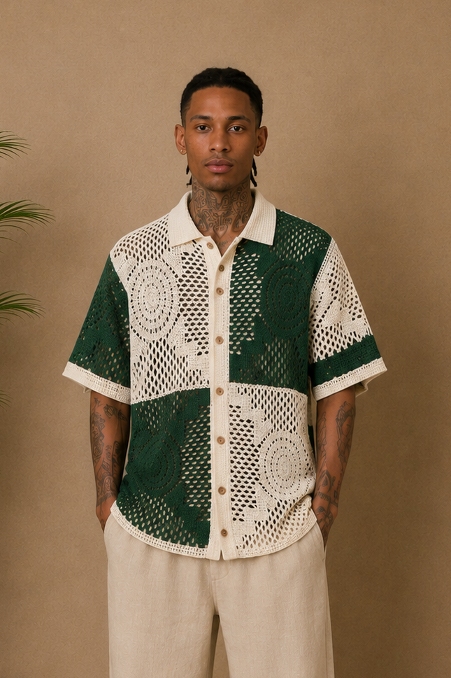 Chemise crochet vert et beige
