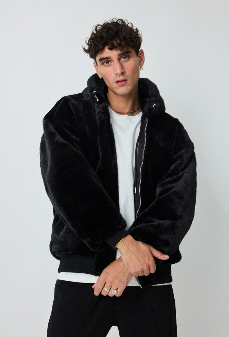 Veste réversible noir nylon / fourrure