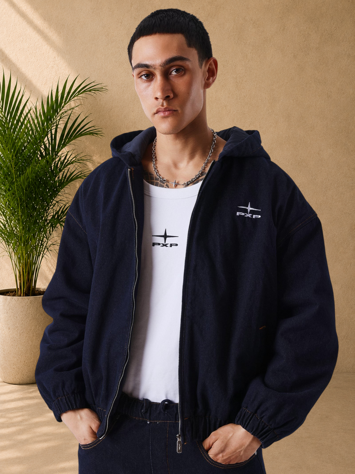 Stayin PXP boxy fit dark denim zip-up hoodie with logo embroidery on chest and elasticated cuffs