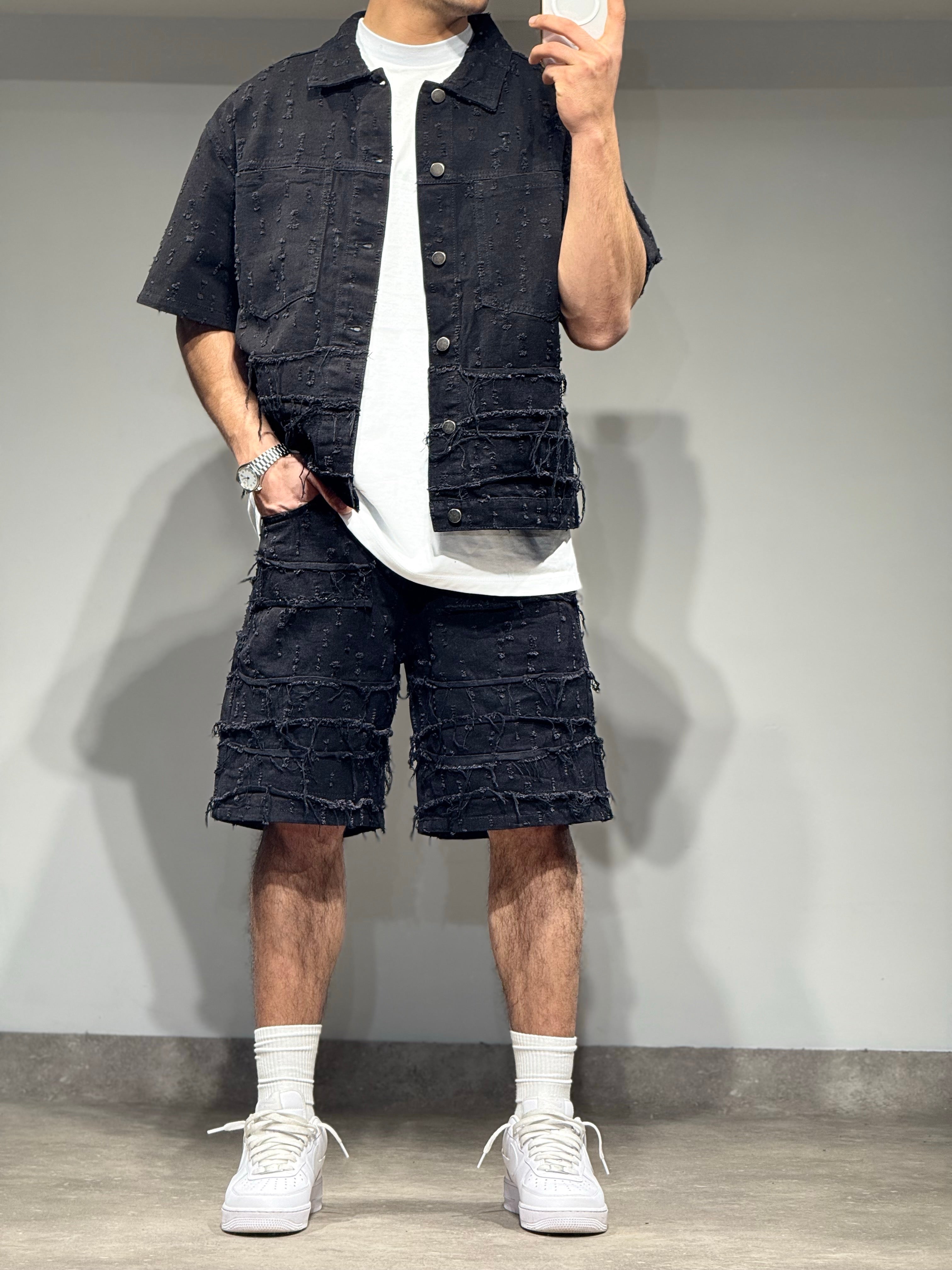 Ensemble Jean short + chemise noir destroy
