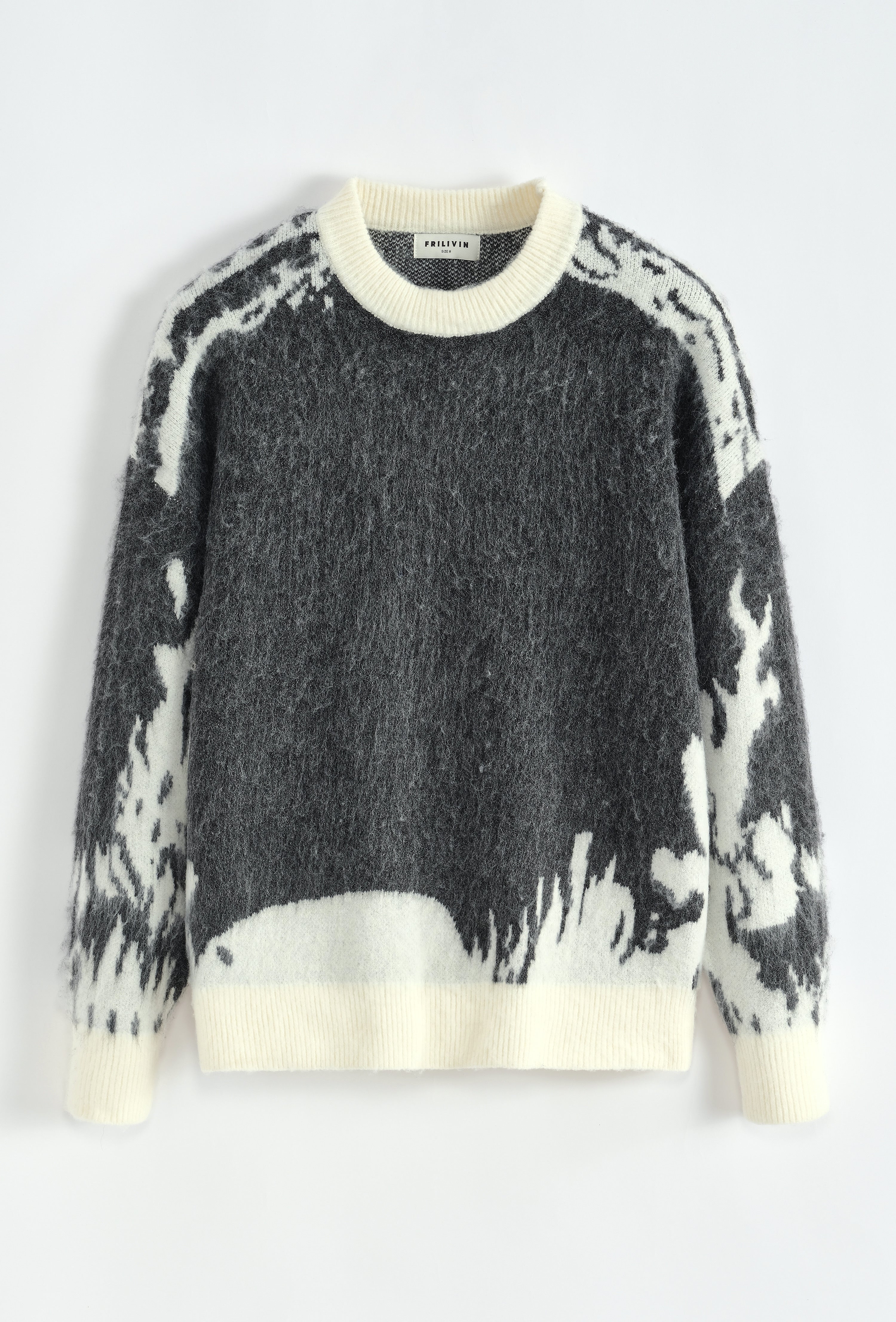 Pull motif gris blanc