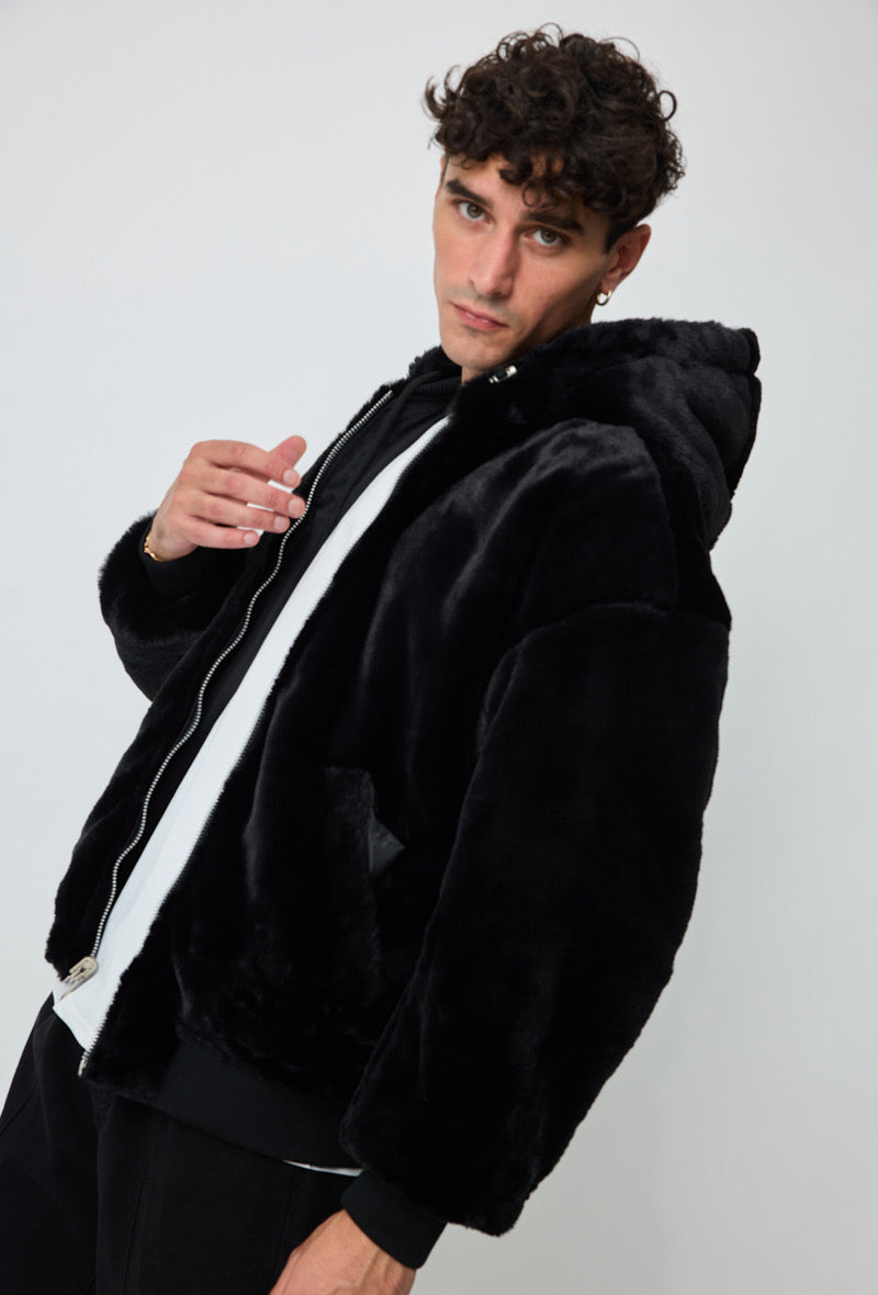 Veste réversible noir nylon / fourrure