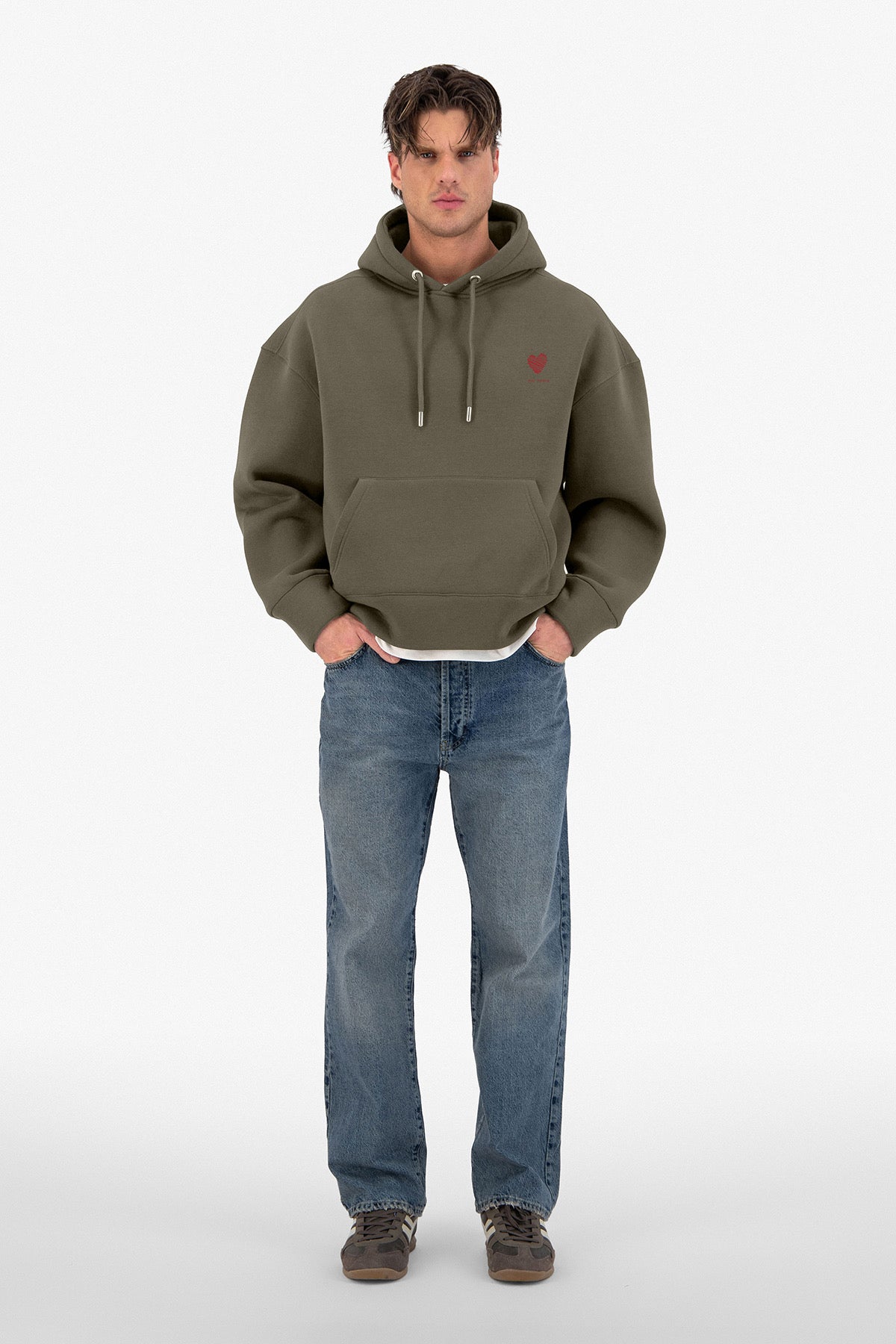 Sweat capuche kaki Amore Coeur rouge